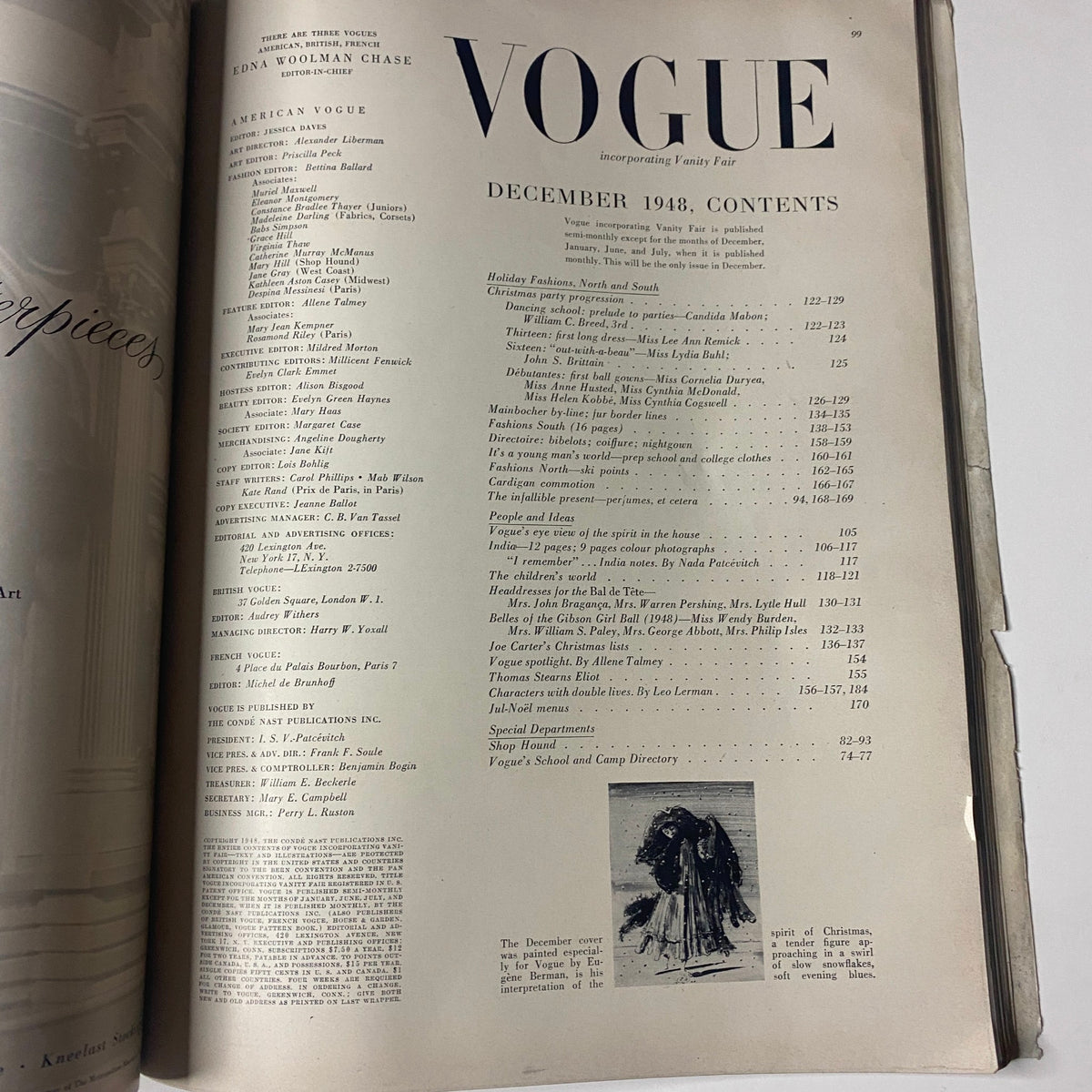 Interior page of the Vogue Magazine December 1948 Christmas Issue, showing the table of contents and highlighting the edition's focus on holiday fashions and cultural insights.