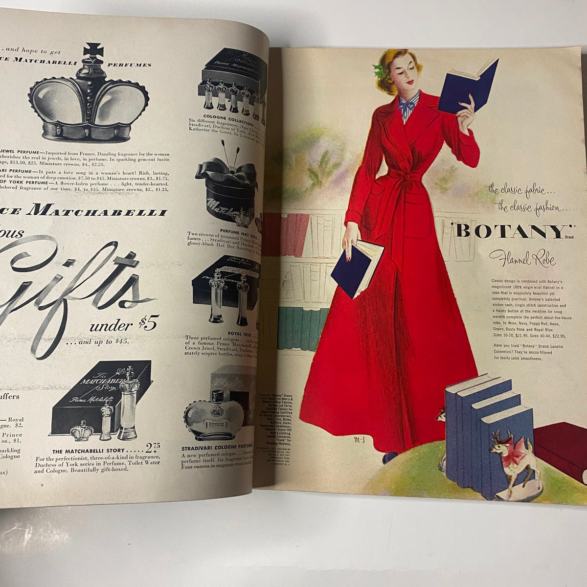 Illustration from Vogue Magazine December 1948 Christmas Issue displaying luxurious gift ideas, including perfumes and fashion, in a colorful layout.