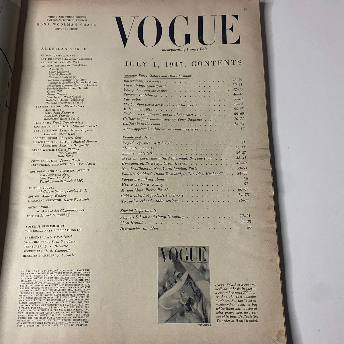 Contents page of Vogue Magazine July 1, 1947, detailing features such as Summer Party Clothes and other fashions.