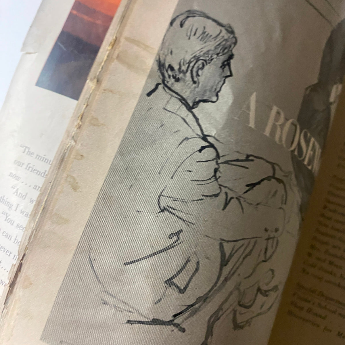 Illustration feature from Vogue Magazine July 1, 1947, demonstrating an artistic drawing of a seated figure within a mid-century editorial.