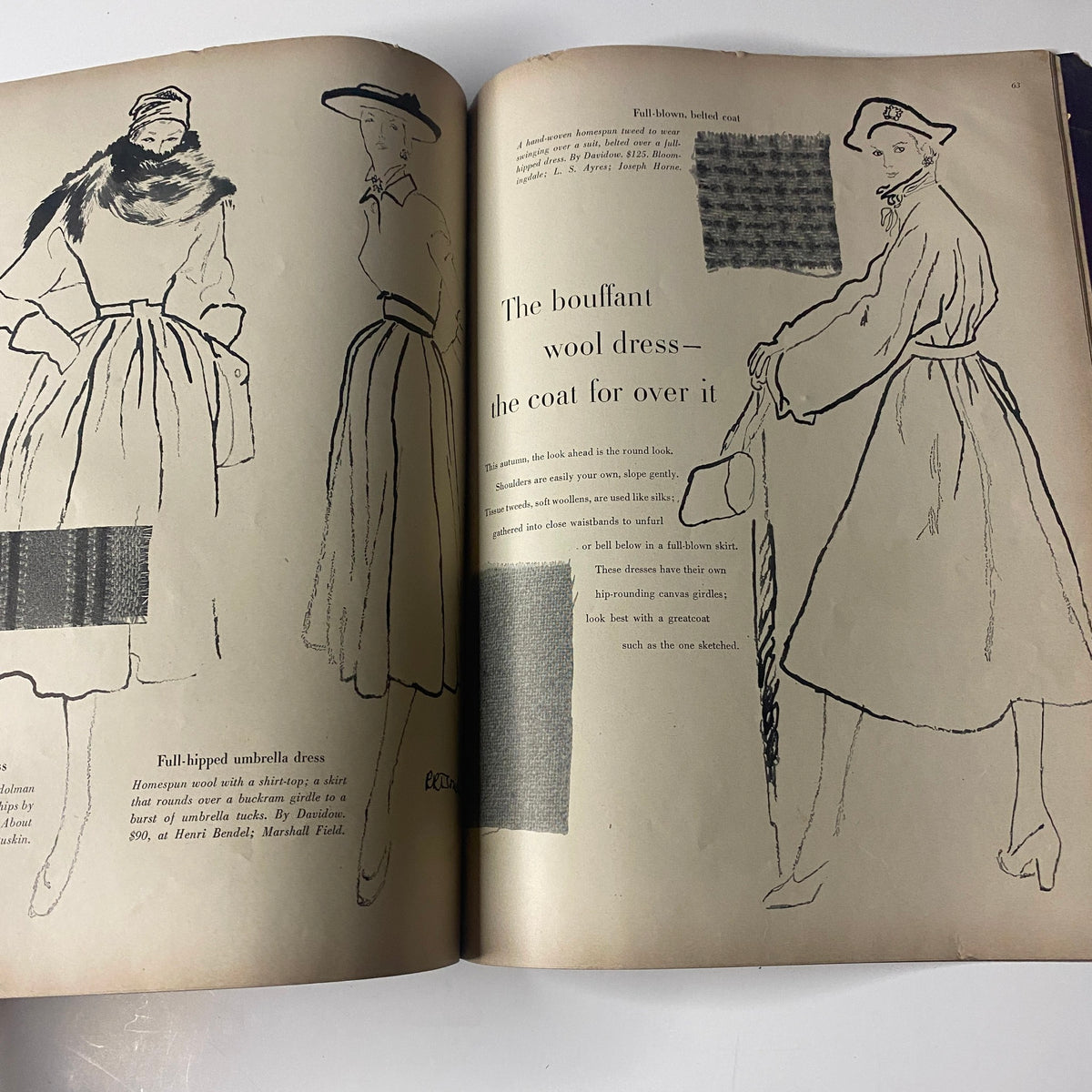 Vogue Magazine July 1, 1947 titled 'Joan Pedersen Cover by Richard Rutledge', showcasing fashion sketches of dresses, including a full-hipped umbrella dress and a bouffant wool dress, illustrating mid-century summer styles.