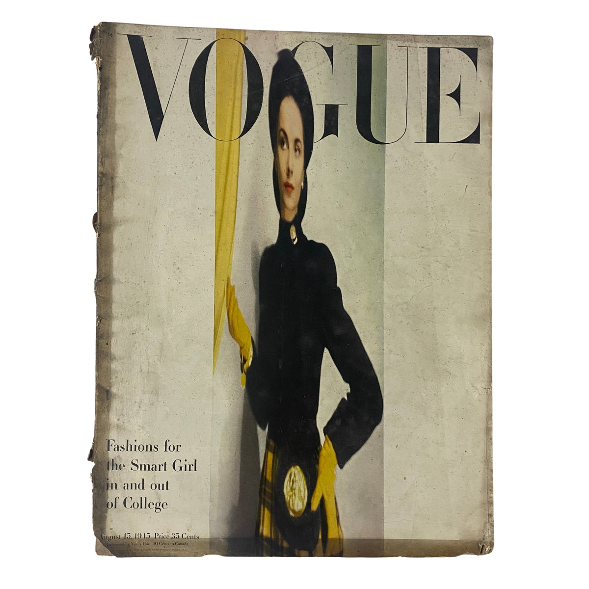 Cover of Vogue Magazine dated August 15, 1945, featuring fashion photography by Erwin Blumenfeld. The cover displays a model dressed in a stylish black outfit with yellow accents, embodying post-World War II fashion trends and optimism, appealing to college-ready styles.