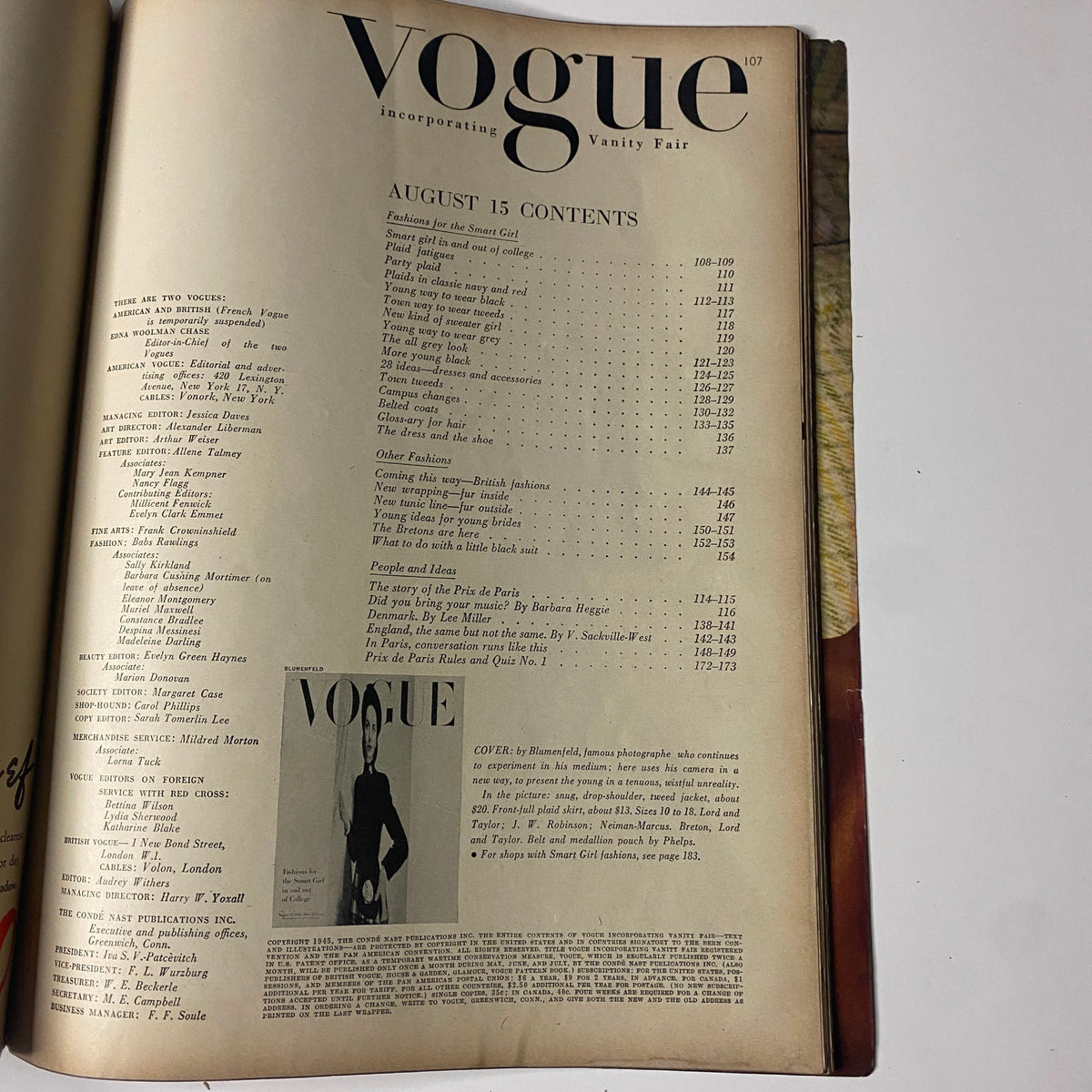 Table of contents page from Vogue Magazine August 15, 1945, featuring listings of articles and fashion content that captures the essence of 1940s fashion culture.