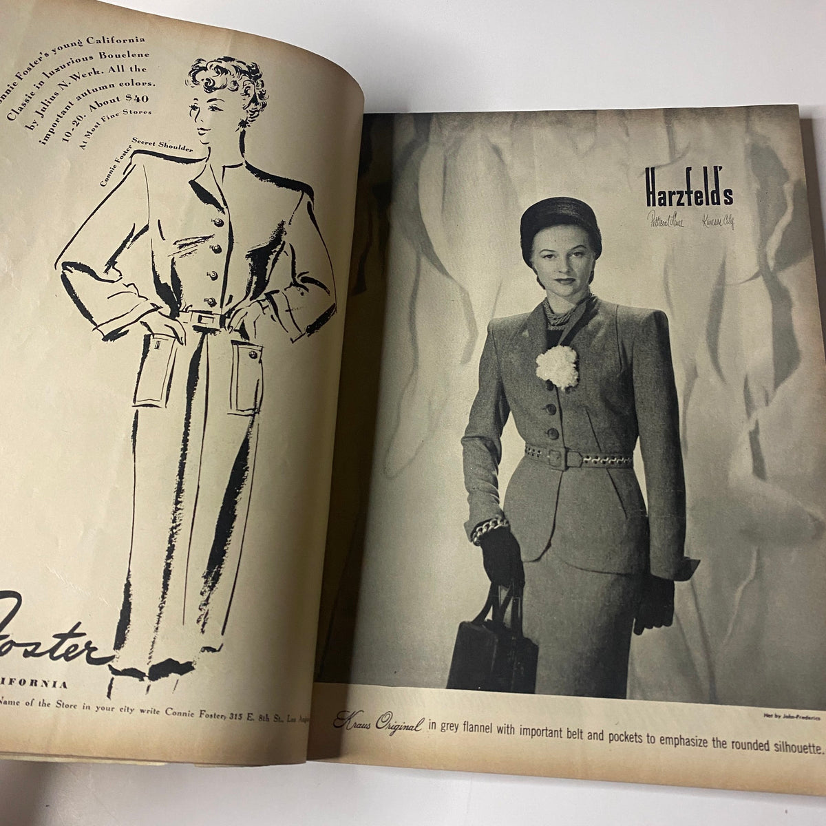Inside page of Vogue Magazine August 15, 1945 highlighting a sophisticated women's fashion advertisement. Features a model in tailored attire, embodying the elegance and style of the mid-1940s.