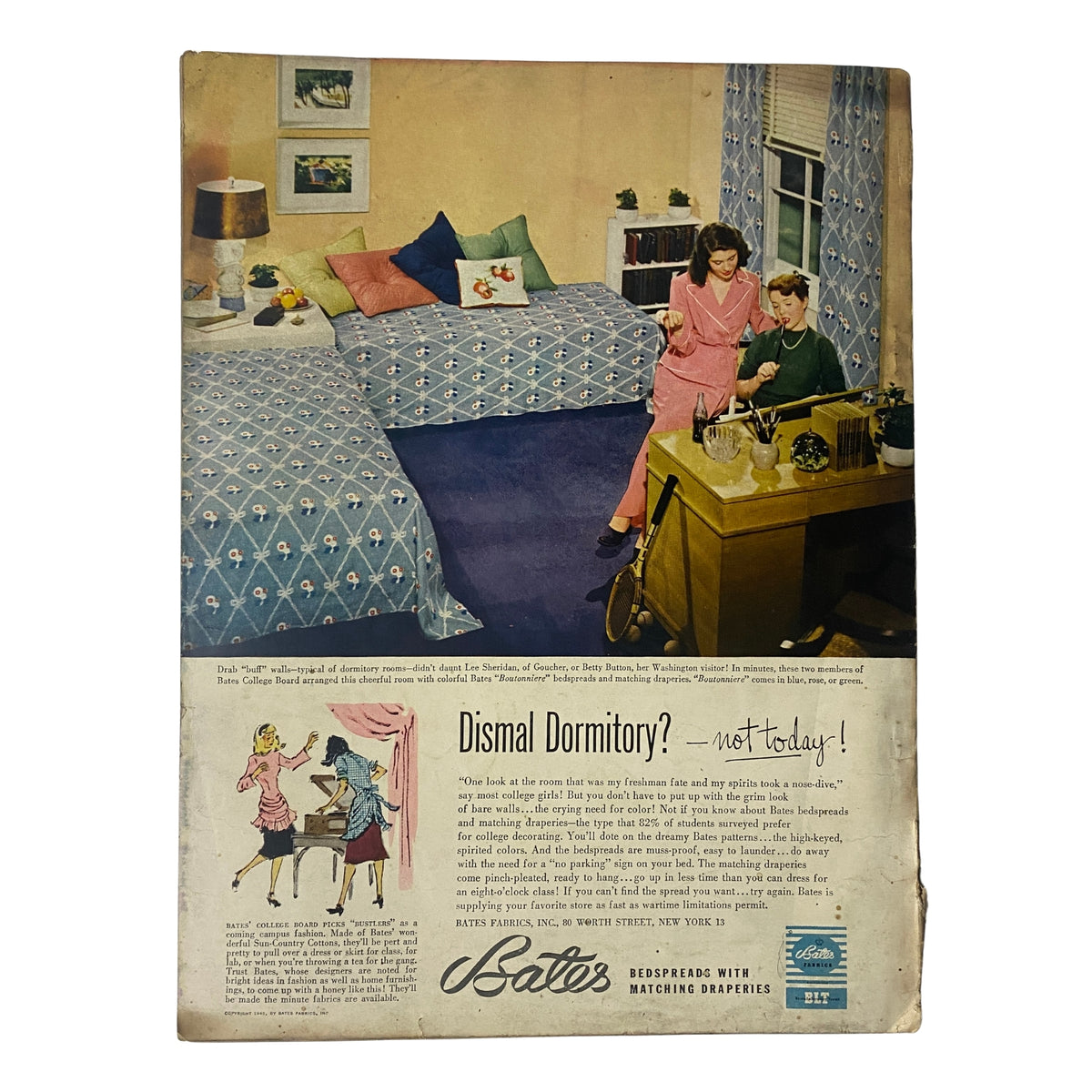 Back cover of Vogue Magazine August 15, 1945 showcasing a colorful advertisement for bedding. Highlights mid-century home decor trends and vintage lifestyles.