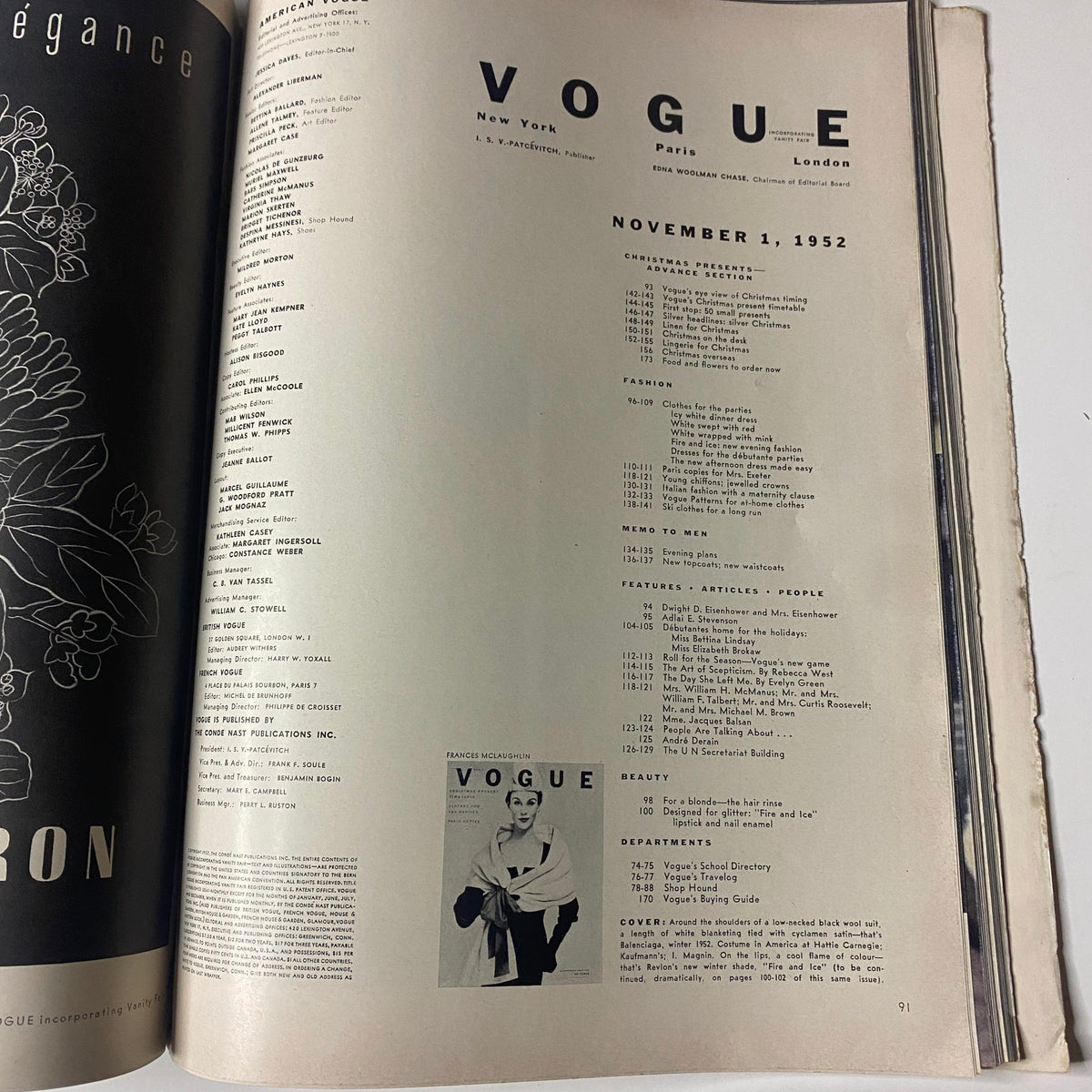 Table of contents page from Vogue Magazine, November 1, 1952, featuring articles, beauty sections, and fashion highlights.