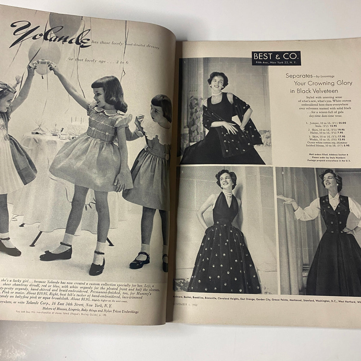 Fashion advertisement from Vogue Magazine, November 1, 1952, showcasing children's dresses for a festive occasion.