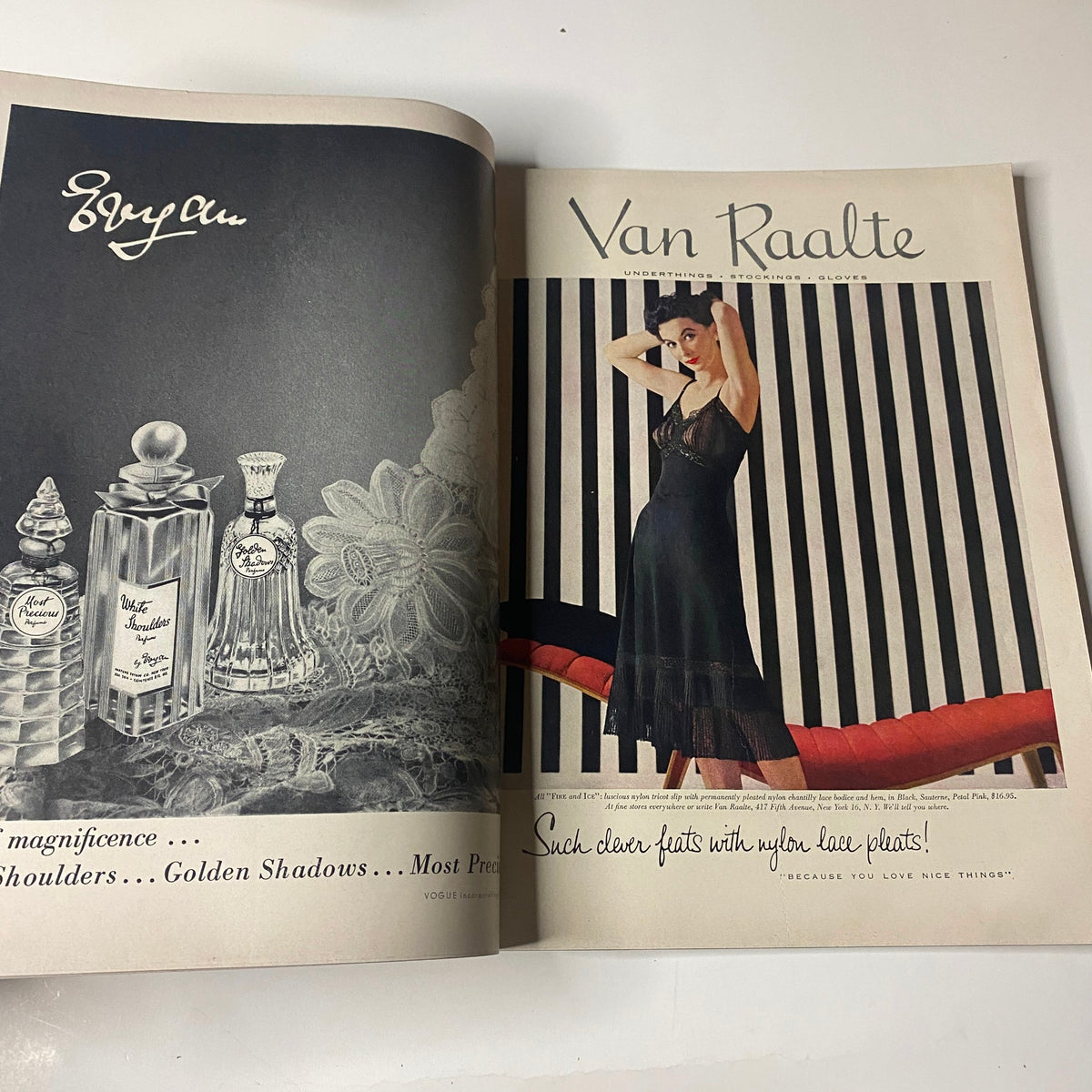 Van Raalte lingerie advertisement from Vogue Magazine, November 1, 1952, highlighting elegant nightwear and accessories.