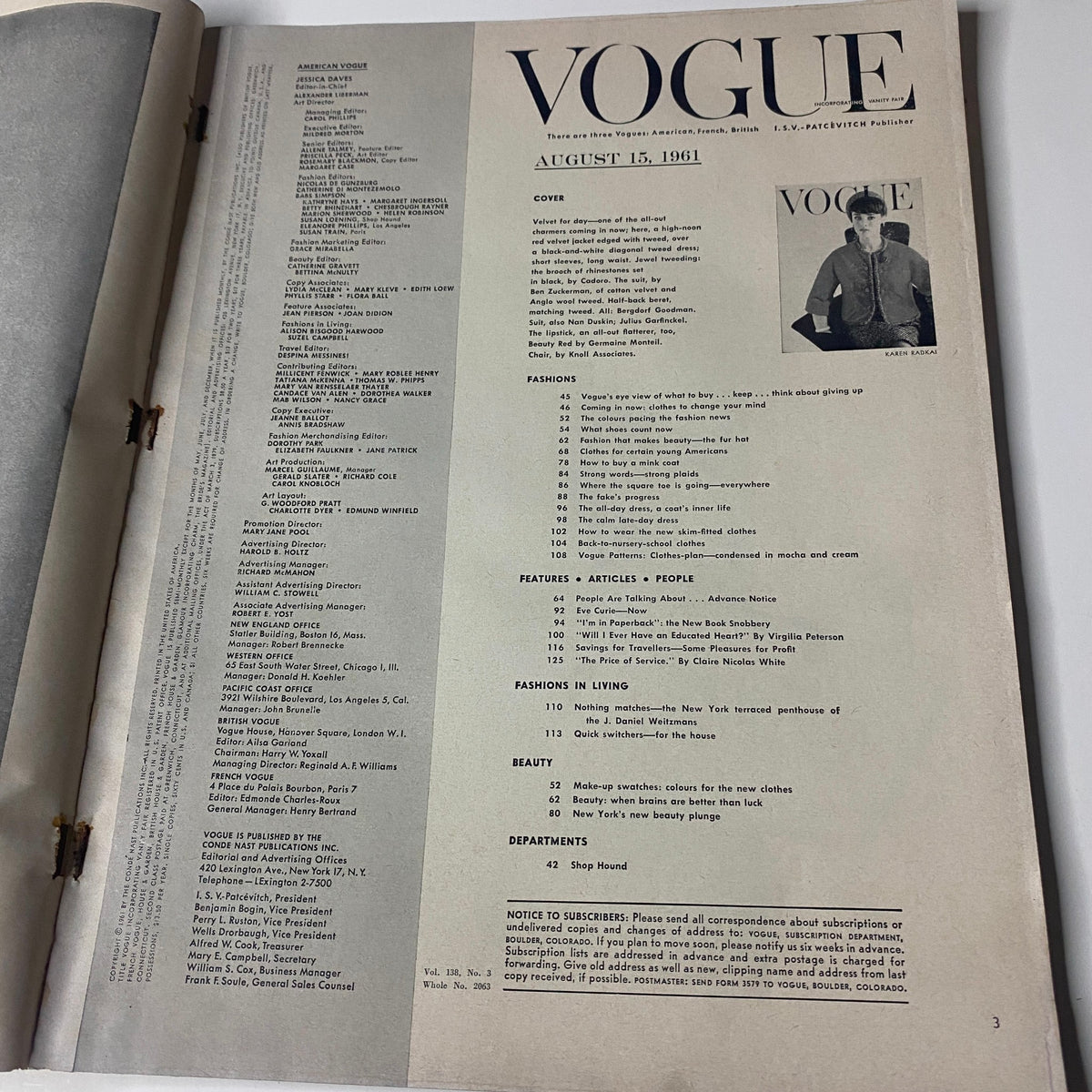 Inside page of Vogue Magazine August 15, 1961, featuring the table of contents. The layout showcases the various sections including fashion highlights, features, and departments.