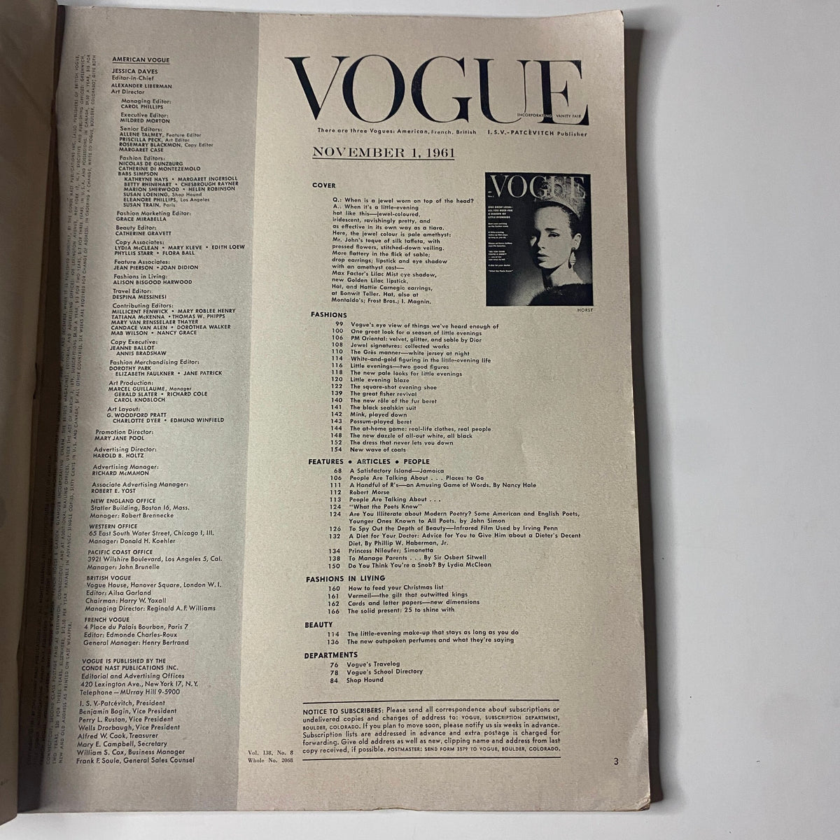 Interior page of Vogue Magazine November 1, 1961 showing the table of contents, listing features and articles including insights into fashion and culture.