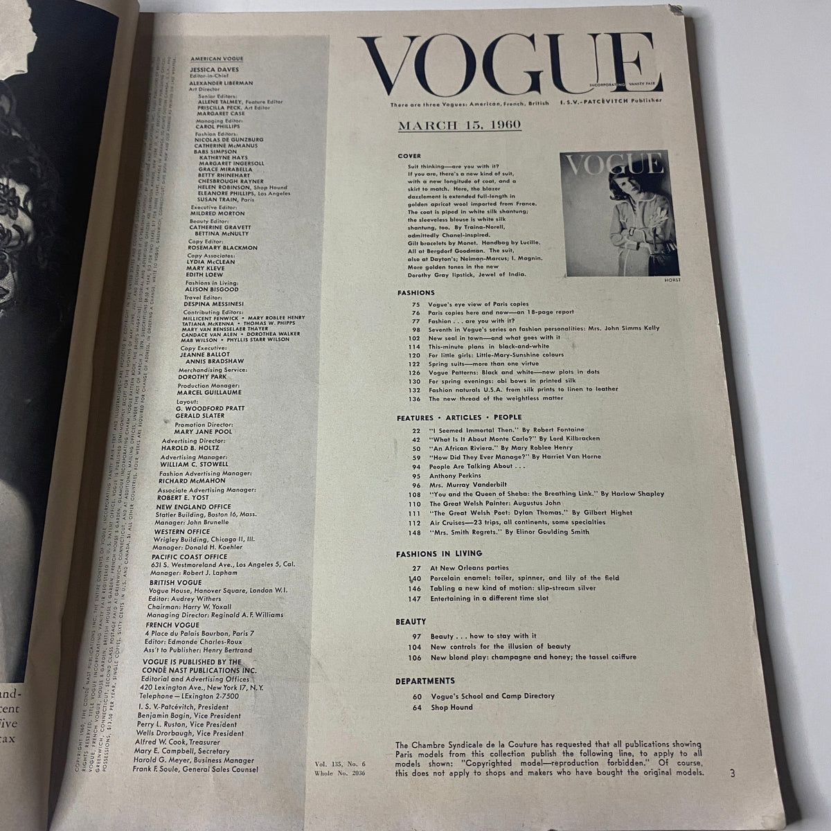 Table of contents page from Vogue Magazine March 15, 1960, showcasing articles and features including fashion highlights and cultural essays.