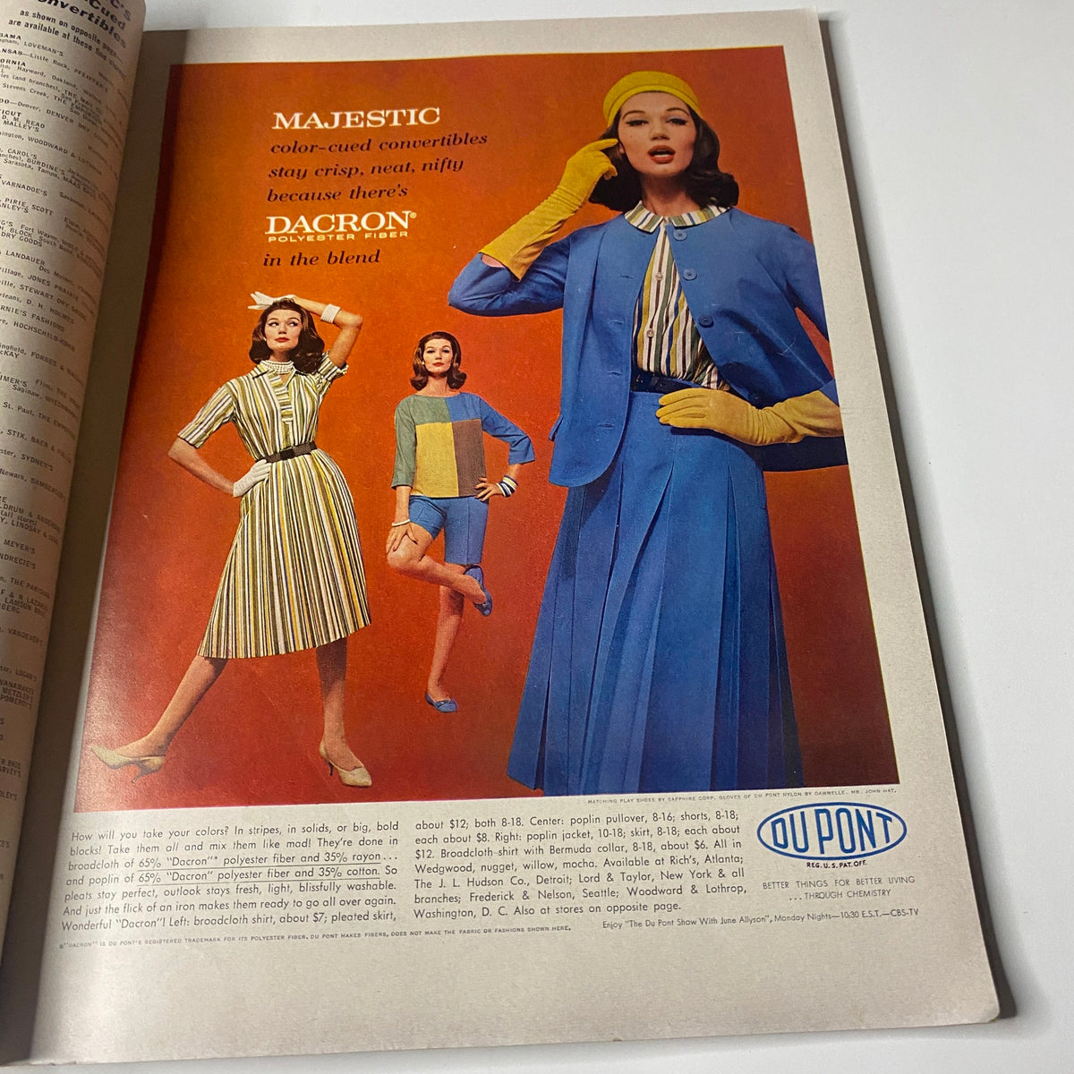 Color advertisement for Dupont's Dacron fabric in Vogue Magazine March 15, 1960, featuring models in fashionable clothing, highlighting the blend of style and material.