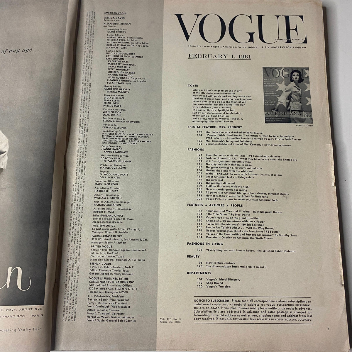 Interior page of Vogue Magazine February 1, 1961, displaying the table of contents, including a special feature on Mrs. John F. Kennedy.