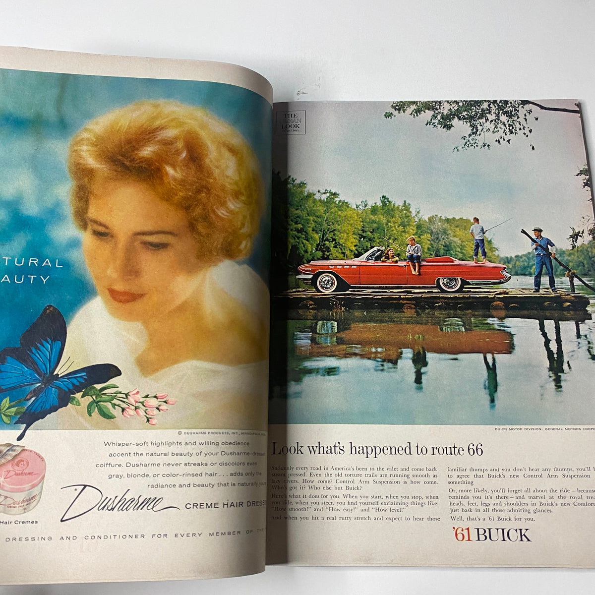 Vintage advertisement from Vogue Magazine February 1, 1961 featuring Dutralene hair products, showcasing a woman with a butterfly, emphasizing natural beauty.