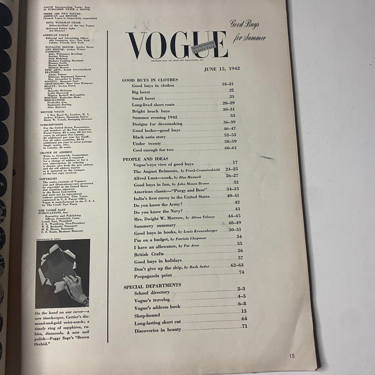 Interior page of Vogue Magazine June 15, 1942 featuring the table of contents, listing articles under 'Good Buys for Summer', highlighting its content and structure.