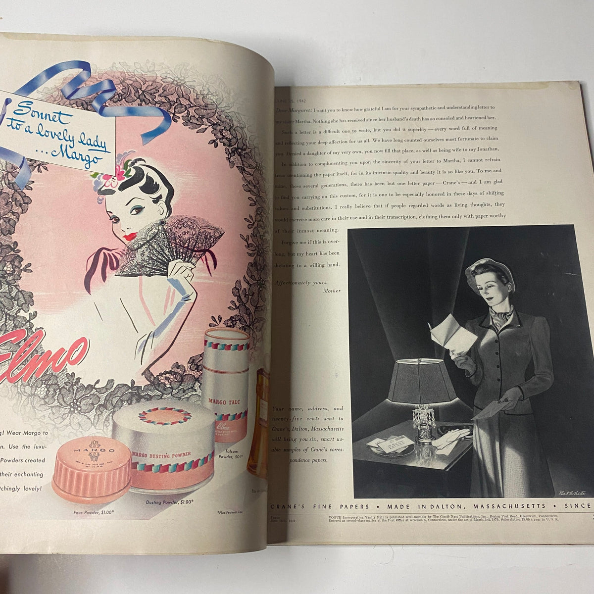 Vogue Magazine June 15, 1942 Good Buys for Summer by Horst P. Horst featuring a vintage advertisement illustration of a lady with a fan, encircled by beauty products.