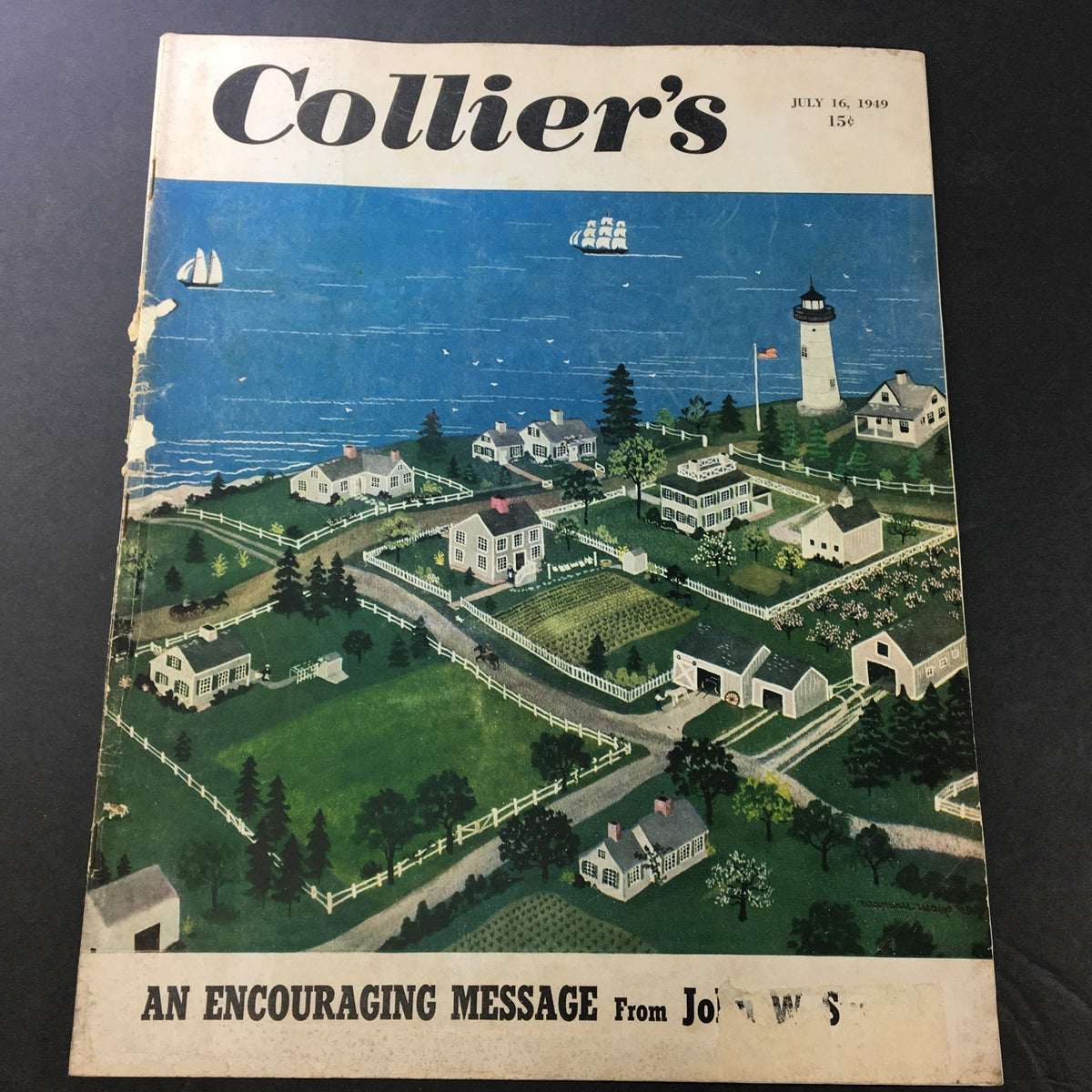 Cover of VTG Collier's Magazine from July 16, 1949, featuring a coastal landscape with houses and a lighthouse, illustrating the theme of 'The Girls of Laurel Scout' by Lester Atwell.
