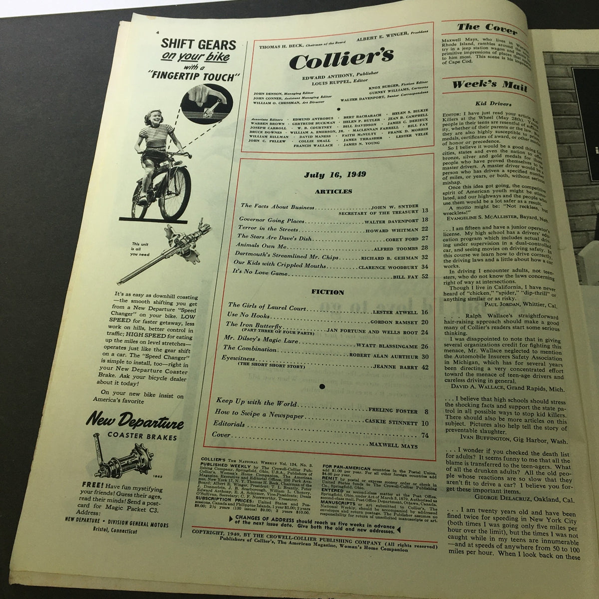 Interior page from the VTG Collier's Magazine July 16, 1949, showcasing the table of contents including 'The Girls of Laurel Court' by Lester Atwell and other articles.