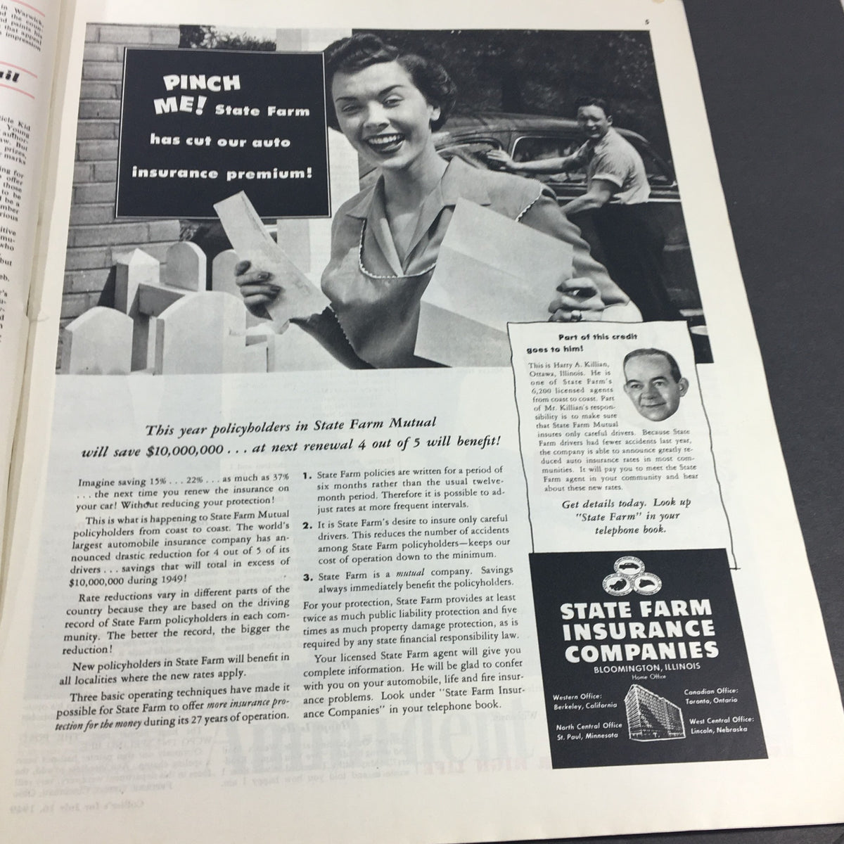 Advertorial page in the VTG Collier's Magazine from July 16, 1949, featuring a promotional piece for State Farm insurance along with an enthusiastic testimonial.