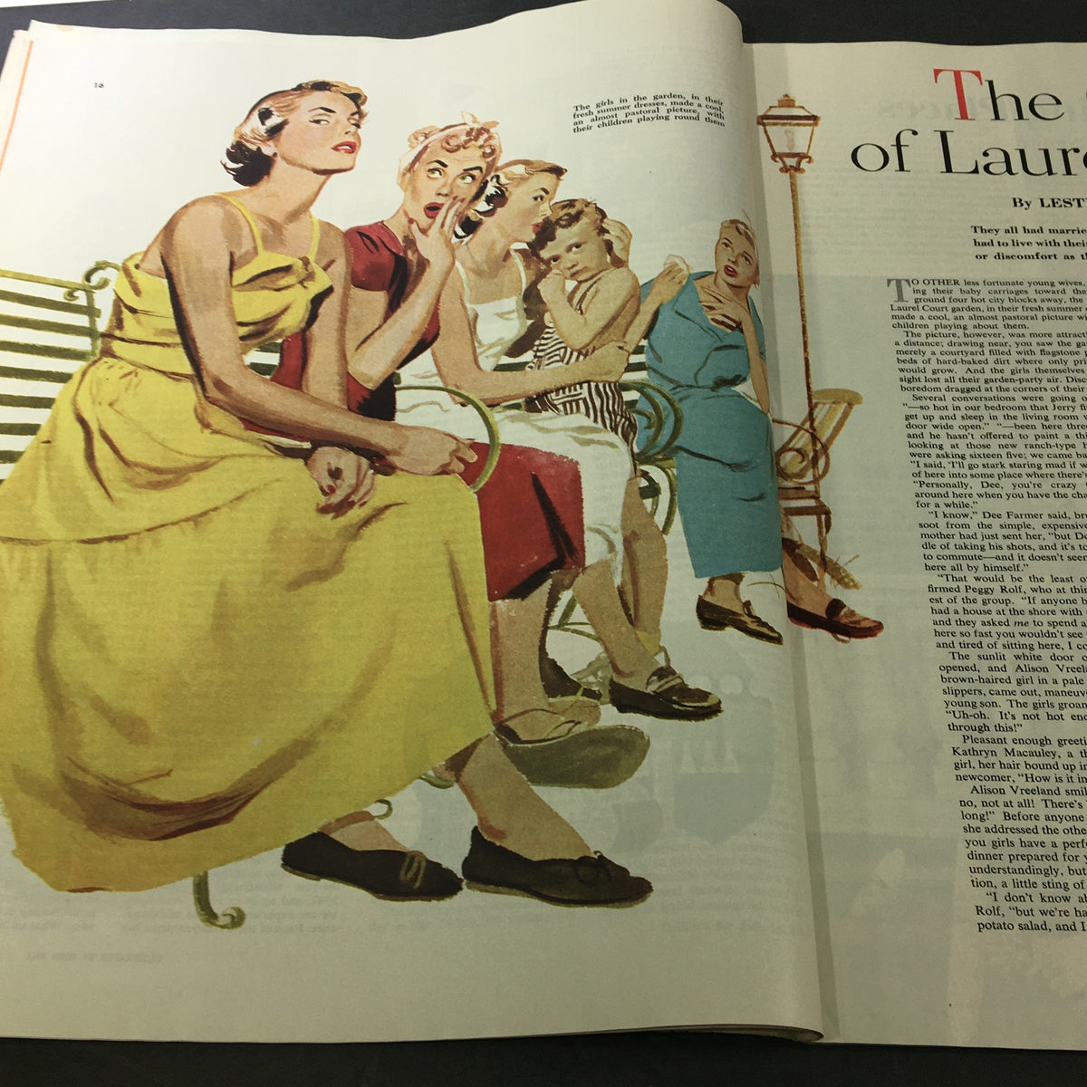 Illustration from VTG Collier's Magazine July 16, 1949, depicting young women in vibrant dresses seated on a bench, engaging in lively conversation, related to the story "The Girls of Laurel Scout" by Lester Atwell.