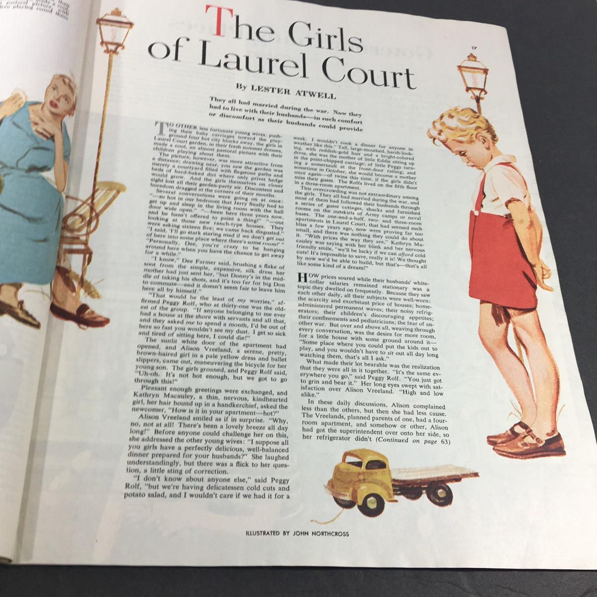 Article page from VTG Collier's Magazine July 16, 1949, featuring the text of "The Girls of Laurel Court" by Lester Atwell, accompanied by illustrations of women and children, showcasing mid-20th century lifestyle.