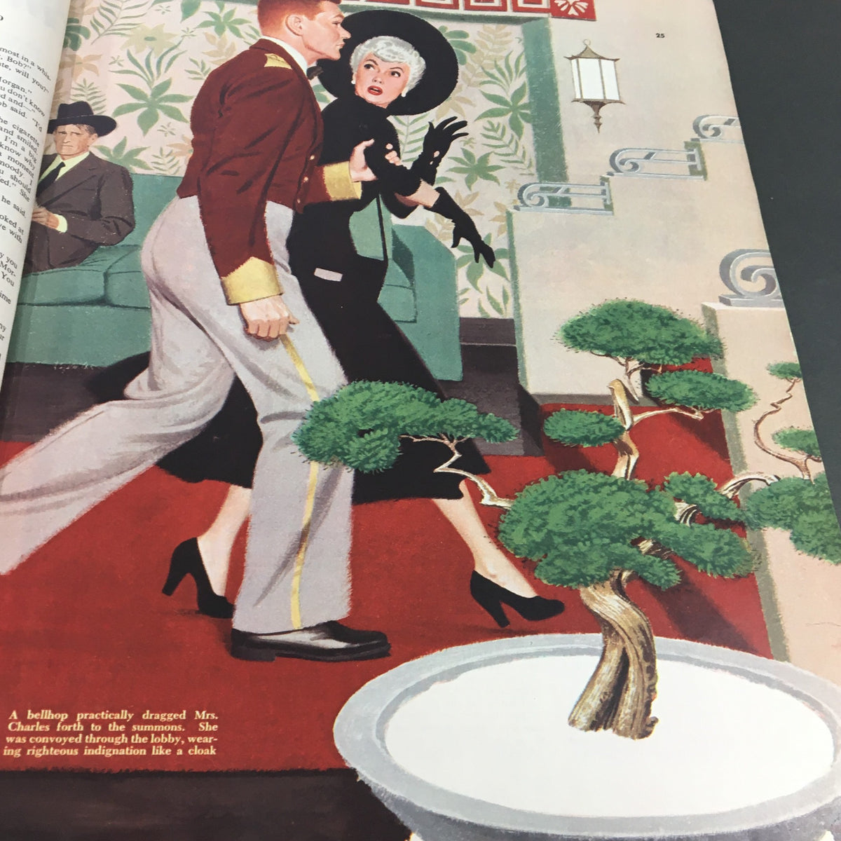 Illustration from VTG Collier's Magazine July 16, 1949, showing a bellhop assisting a fashionable woman in a dramatic outfit, highlighting the elegance and style of the era, accompanying the story in the magazine.