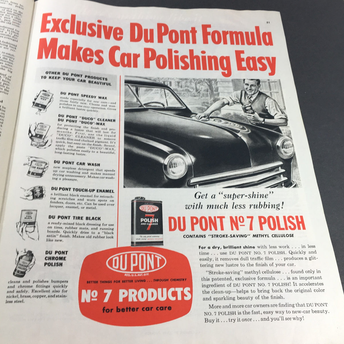 Vintage advertisement for Du Pont No. 7 Polish in the VTG Collier's Magazine July 16, 1949, highlighting products for car care with an image of a man polishing a car.