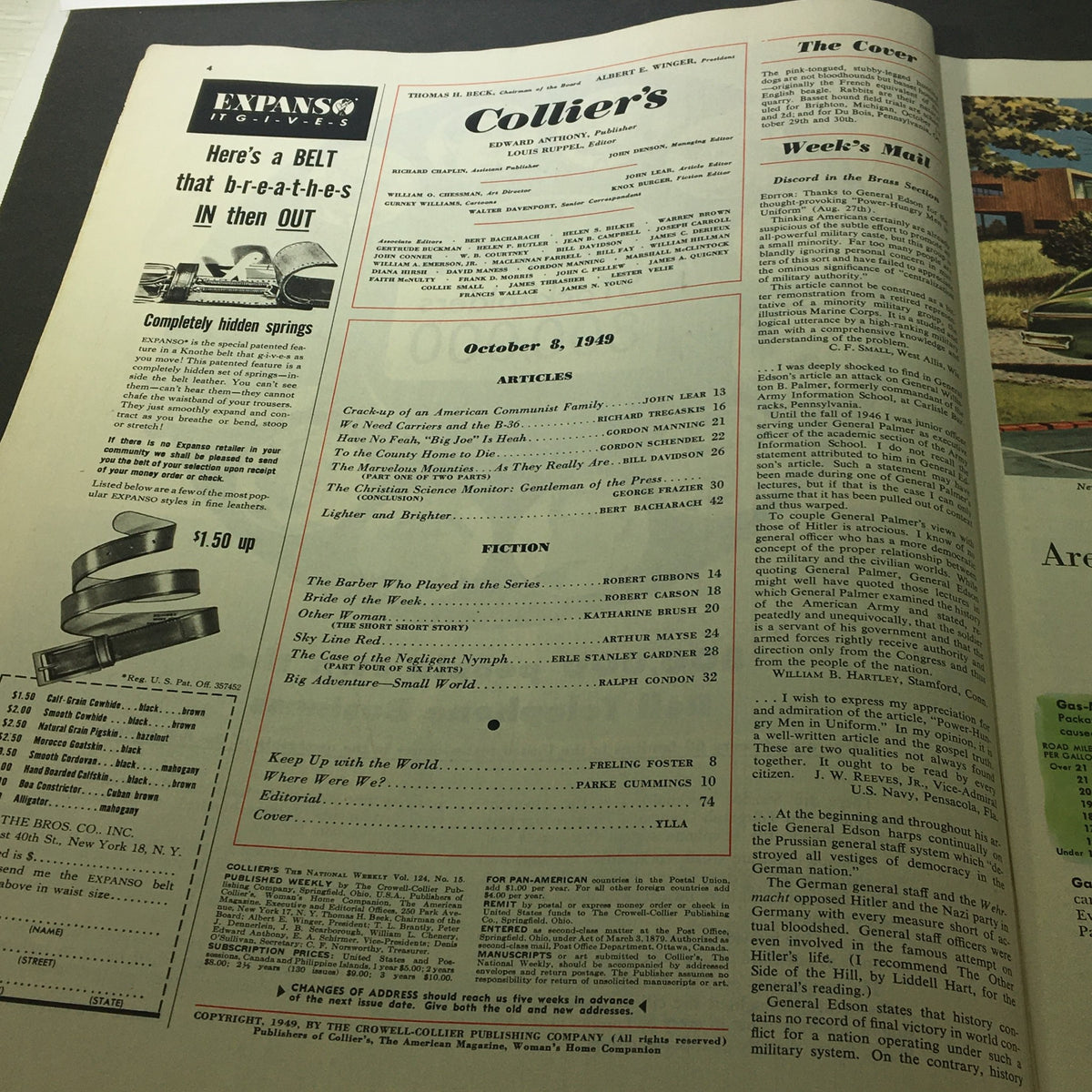 Interior page of Collier's Magazine from October 8, 1949, featuring the table of contents, articles, and advertisements, including the feature 'Crack-up of an American Communist Family.'