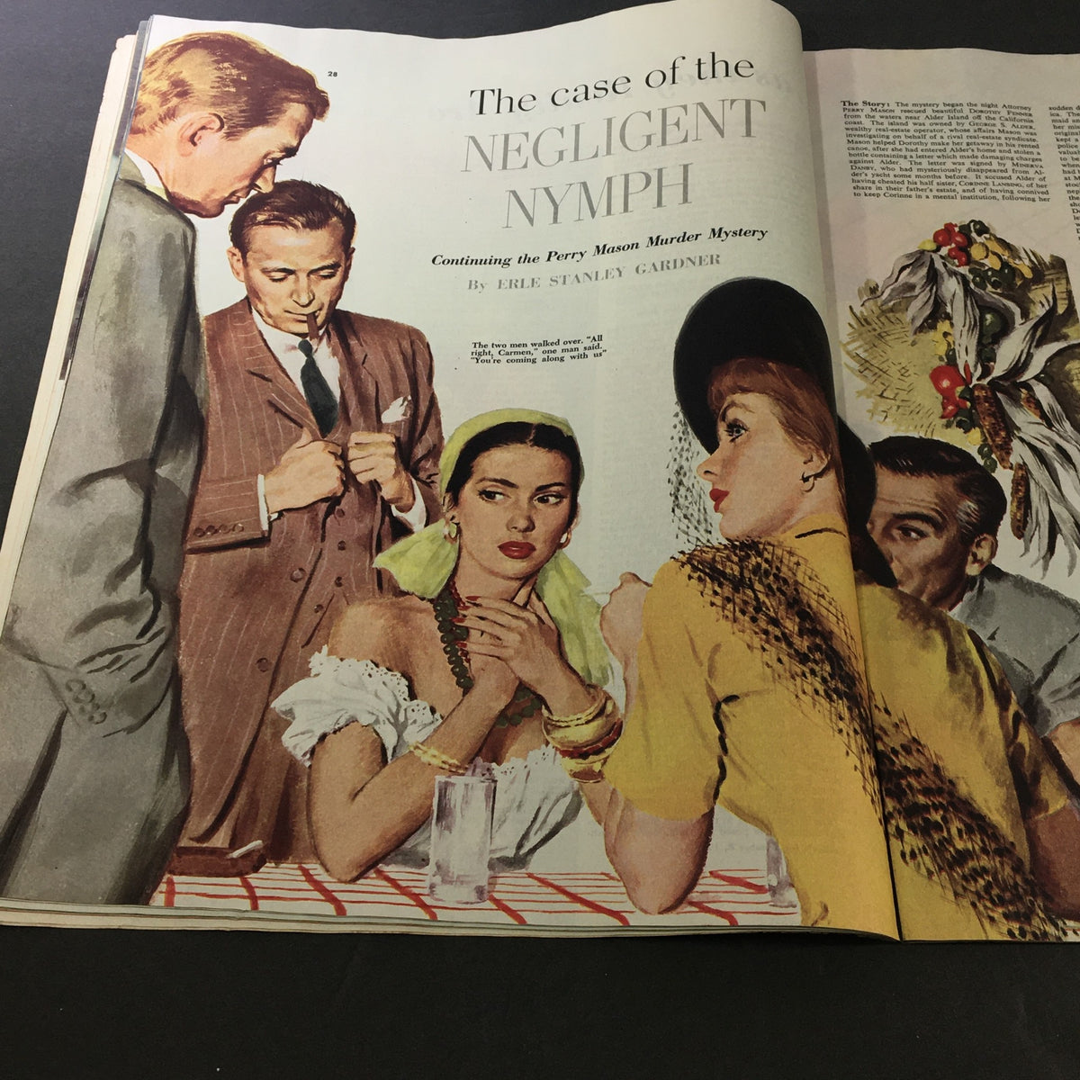 Illustrated page from Collier's Magazine, October 8, 1949, presenting 'The Case of the Negligent Nymph,' a continuation of the Perry Mason Murder Mystery.