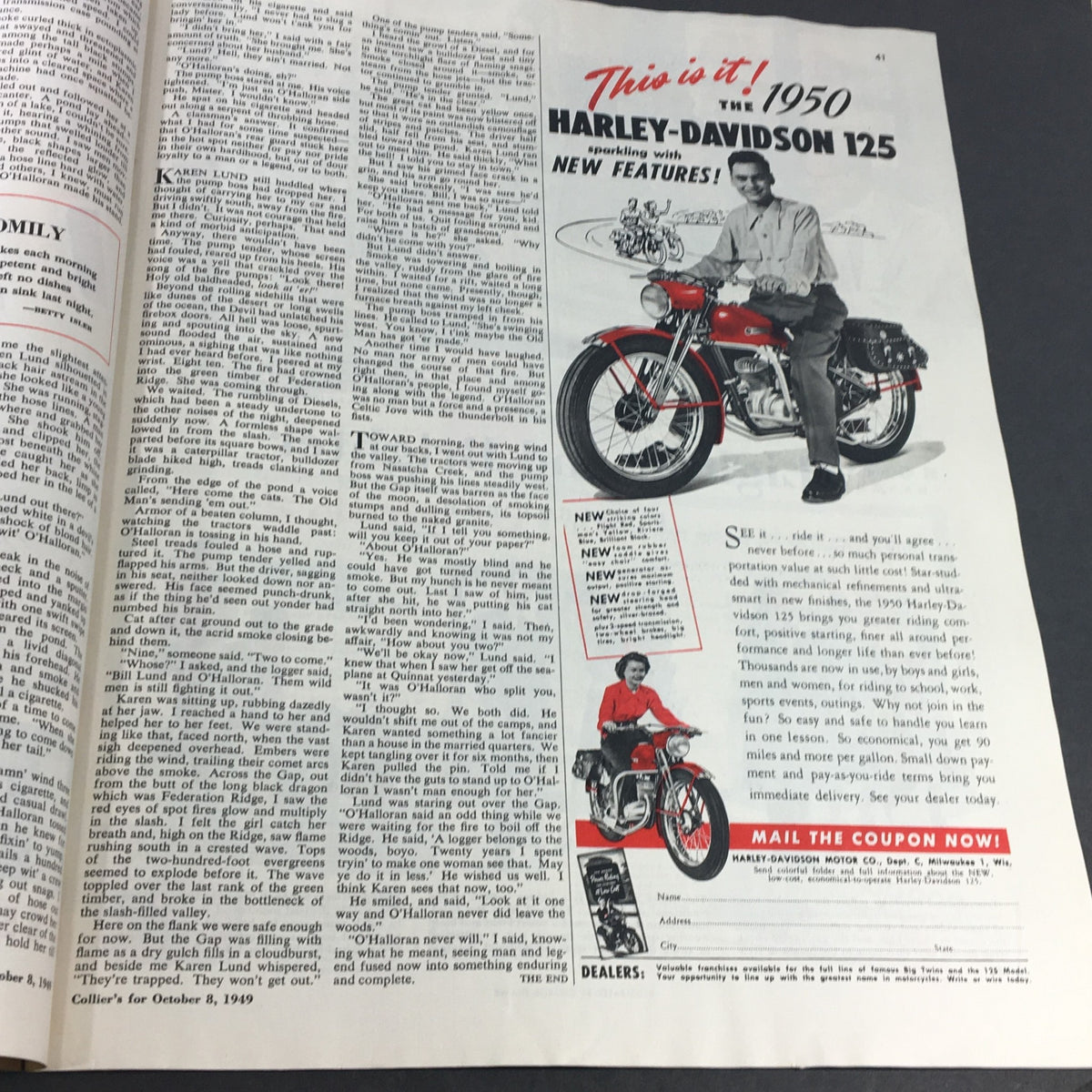 Page from Collier's Magazine October 8, 1949, featuring an article and an advertisement for the 1950 Harley-Davidson 125 motorcycle.