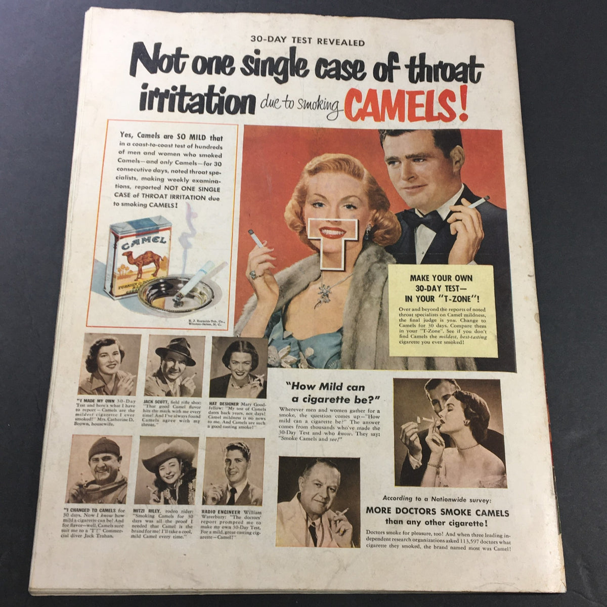Page from Collier's Magazine October 8, 1949, presenting an advertisement promoting Camel cigarettes with testimonials and illustrations.