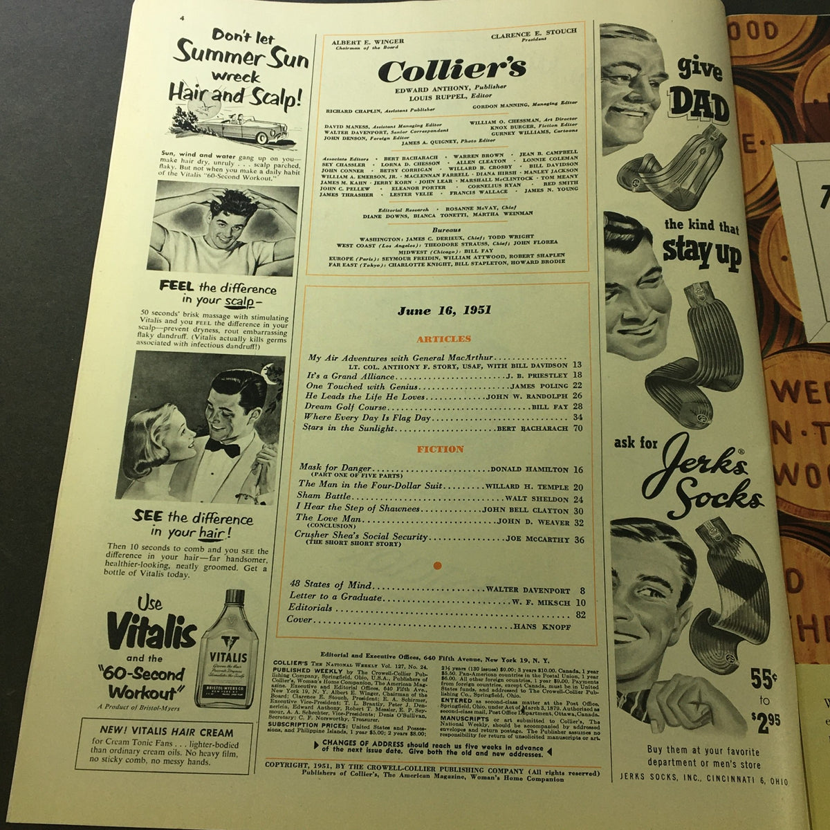 Inside page of VTG Collier's Magazine June 16, 1951, displaying table of contents with various article titles and vintage advertisements.