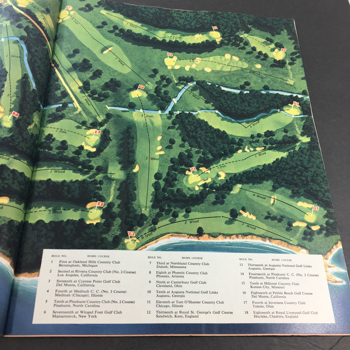 Detailed map of a golf course layout from the vintage VTG Collier's Magazine June 16 1951, showing various holes and their home courses.