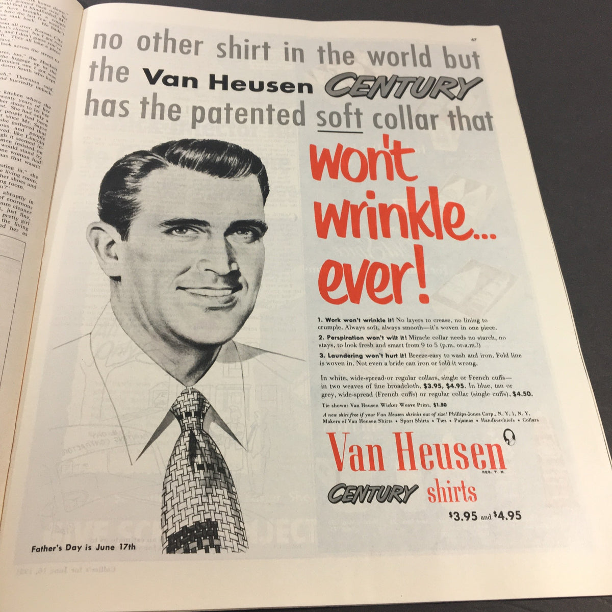 Advertisement for Van Heusen Century shirts featuring a model showcasing the patented soft collar, from the vintage VTG Collier's Magazine June 16 1951.