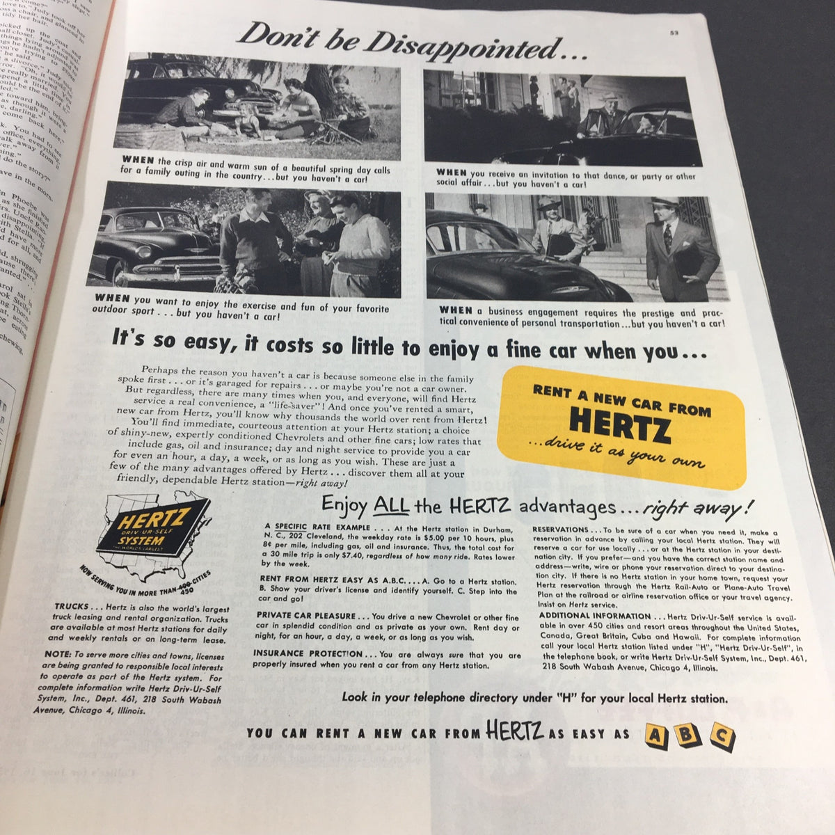 Vintage Hertz car rental advertisement highlighting simple car rental benefits, from the VTG Collier's Magazine June 16 1951.