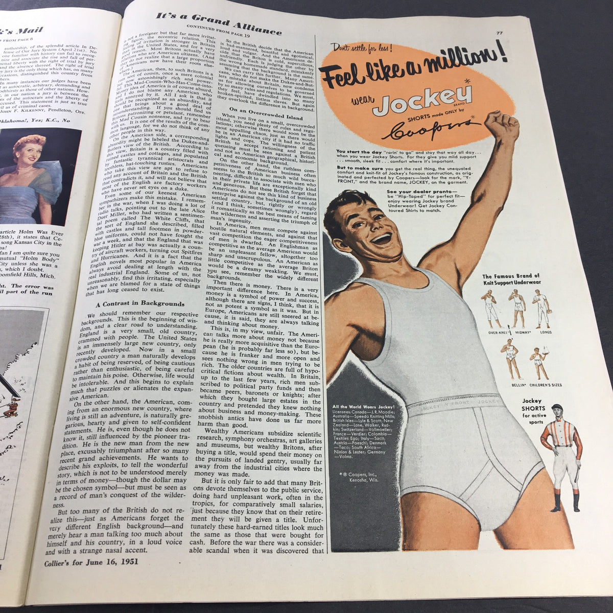 Page featuring an article titled 'It's a Grand Alliance' alongside a Jockey underwear advertisement, from the vintage VTG Collier's Magazine June 16 1951.