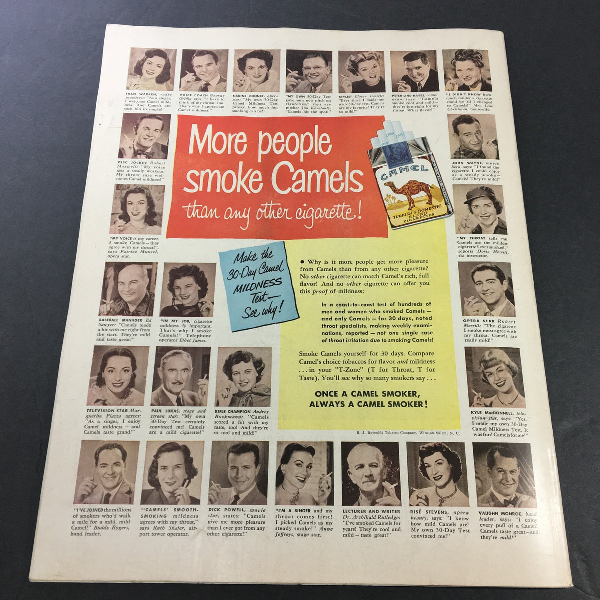 Vintage advertisement page from Collier's Magazine June 16, 1951, titled 'More people smoke Camels than any other cigarette.' The page features images of various individuals promoting Camel cigarettes, along with a colorful design and a note on the 30-Day Camel Mildness Test.
