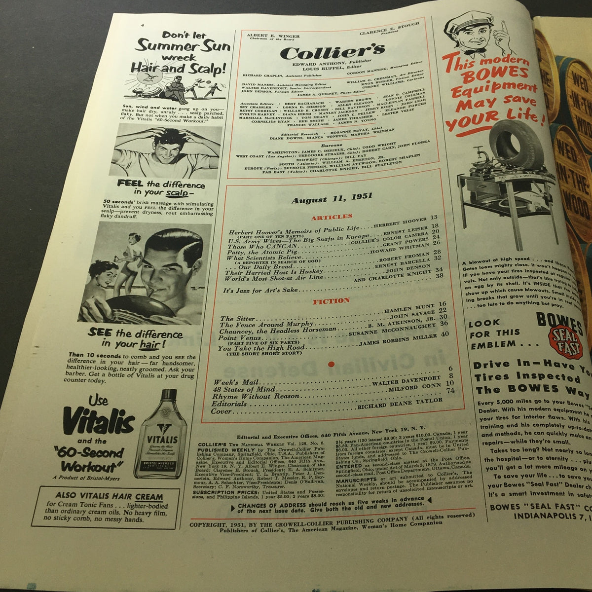 Interior page of VTG Collier's Magazine August 11 1951 displaying the table of contents and advertisements.