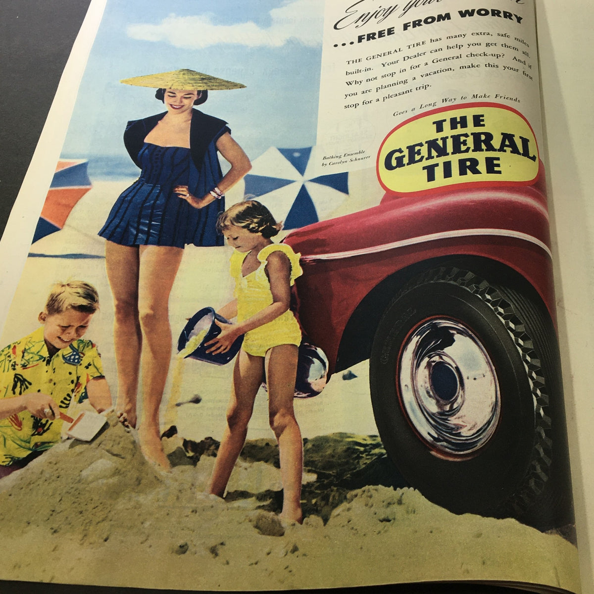 Vintage advertisement in VTG Collier's Magazine August 11 1951 showcasing the General Tire with children at the beach.