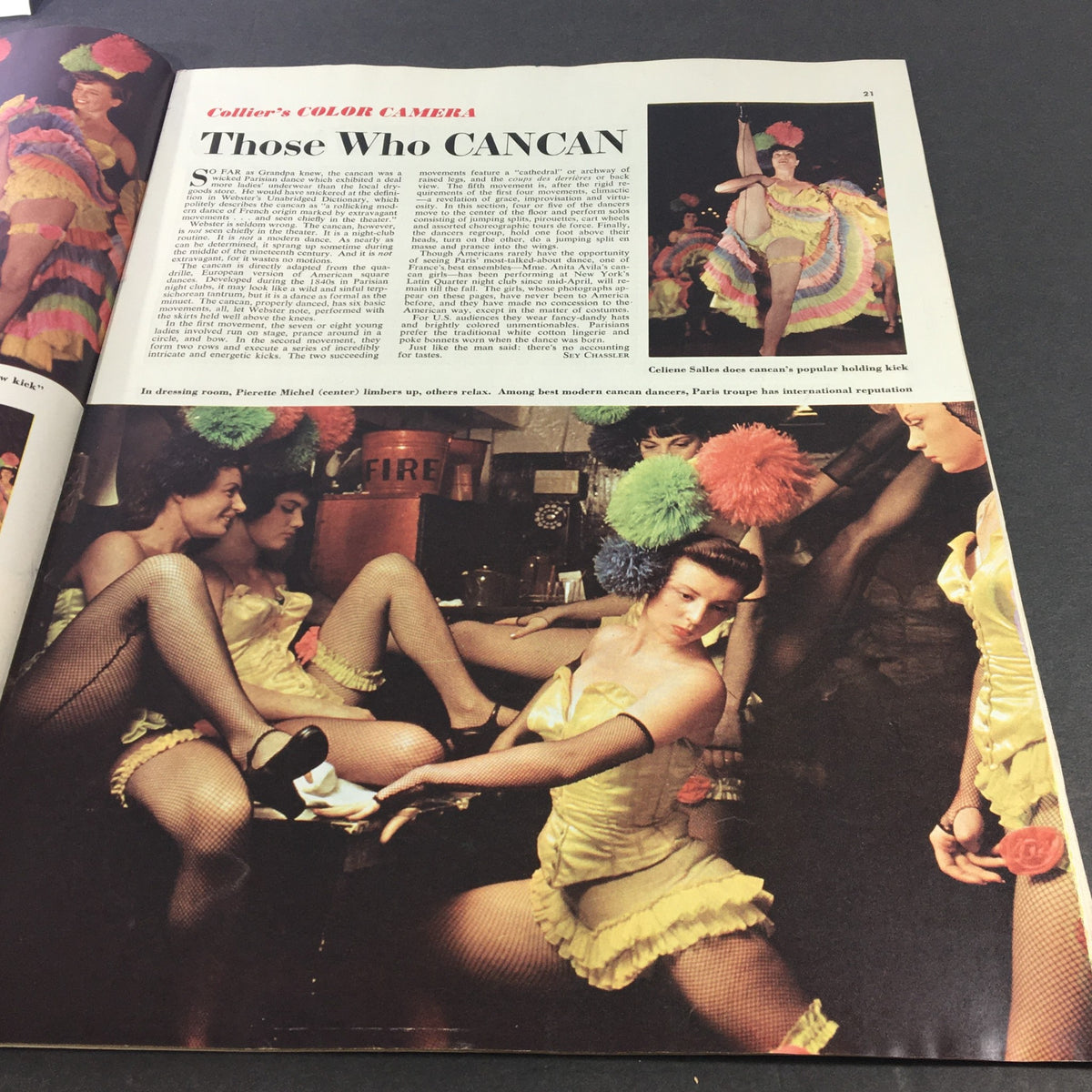 VTG Collier's Magazine August 11 1951, capturing dancers preparing in a dressing room before performing the cancan, highlighting their bright costumes and playful atmosphere.