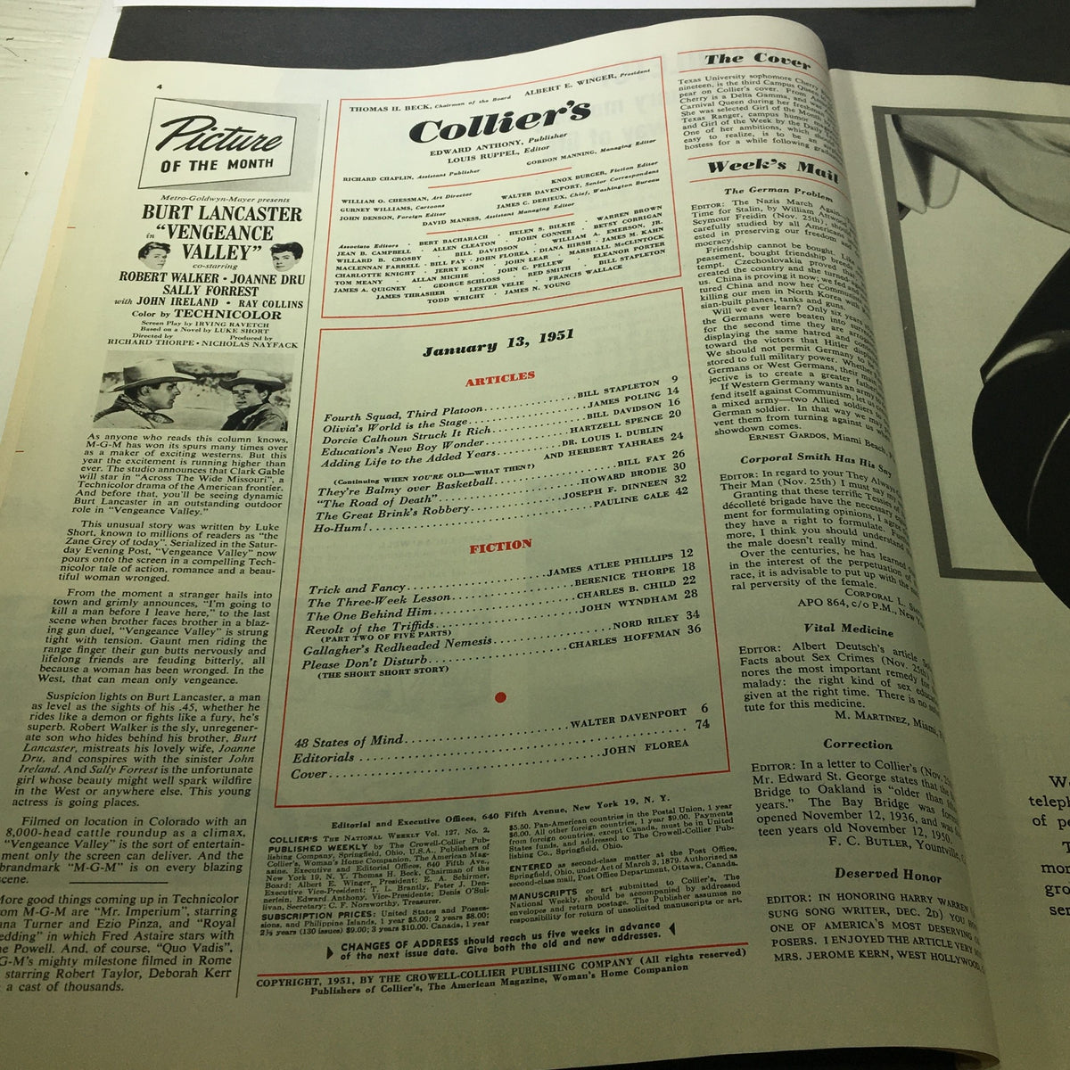 Interior page of VTG Collier's Magazine January 13, 1951, showing the table of contents and article listings with a focus on the magazine's layout.