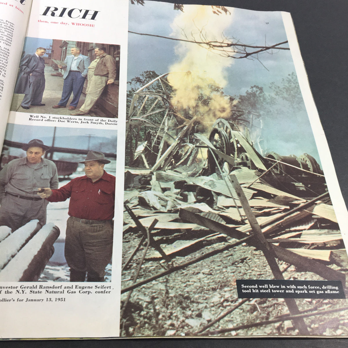 Collier's Magazine January 13 1951 features an article about natural gas disasters, showing men discussing outside a destroyed structure.