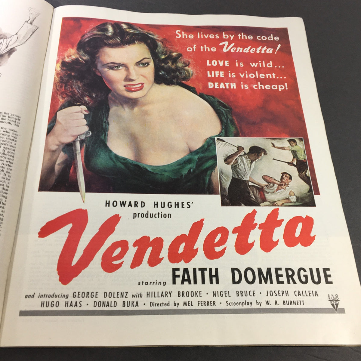 Collier's Magazine January 13 1951 showcases an advertisement for the film 'Vendetta,' starring Faith Domergue, depicting a dramatic scene and highlighting themes of love and violence.
