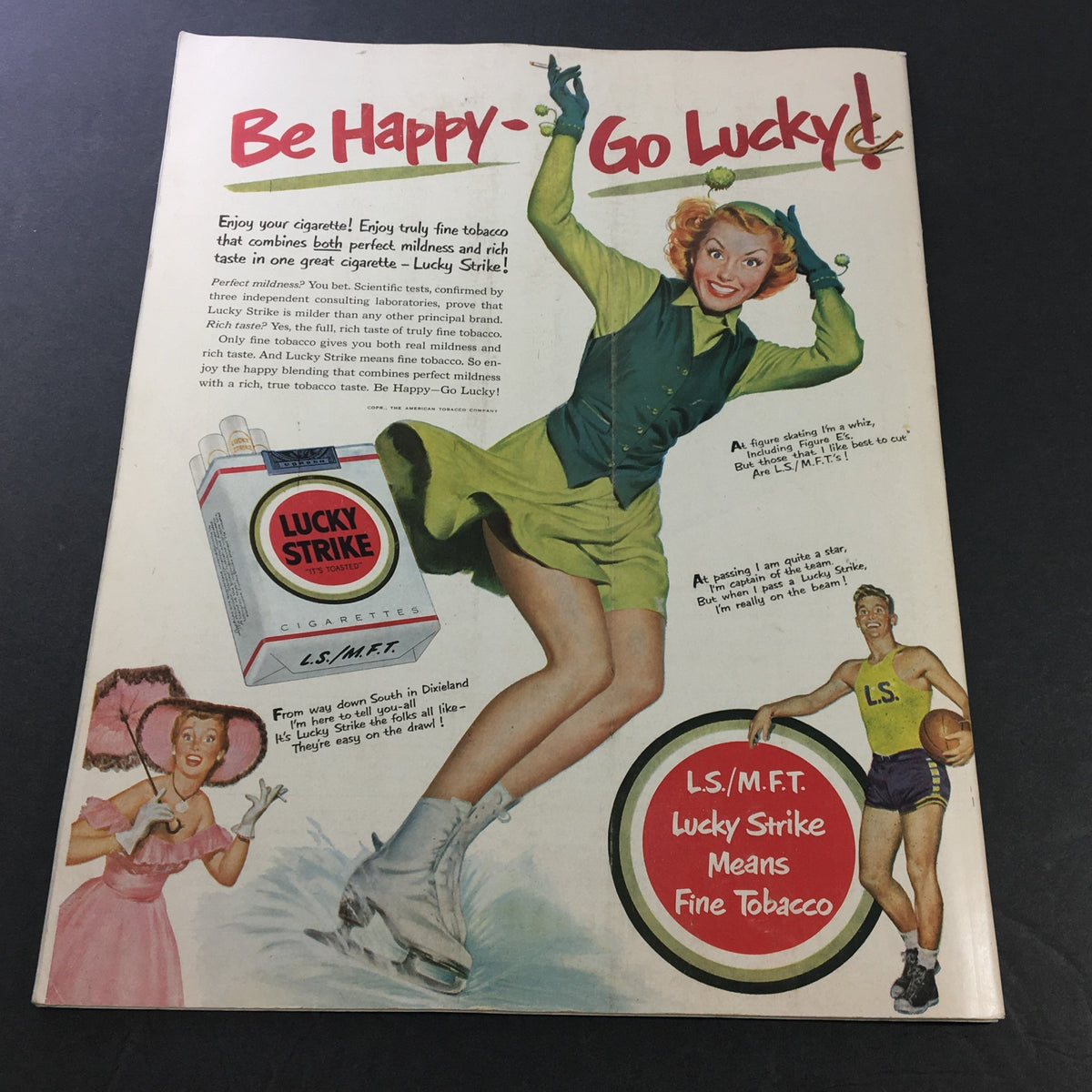 Vintage advertisement from Collier's Magazine January 13 1951, featuring a smiling woman in a green outfit promoting Lucky Strike cigarettes, with the slogan 'Be Happy - Go Lucky!'. This eye-catching image highlights the cultural aspects of the early 1950s.