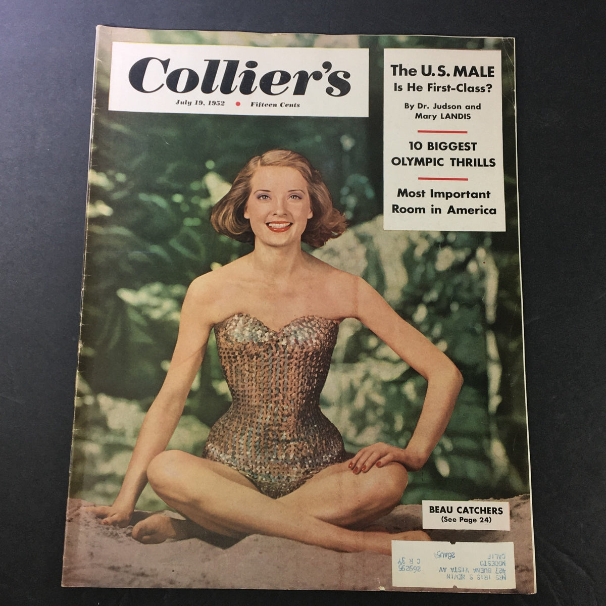VTG Collier's Magazine July 19 1952 cover featuring a woman in a sequined swimsuit, highlighting articles on The Most Important Room in America and Olympic Thrills.