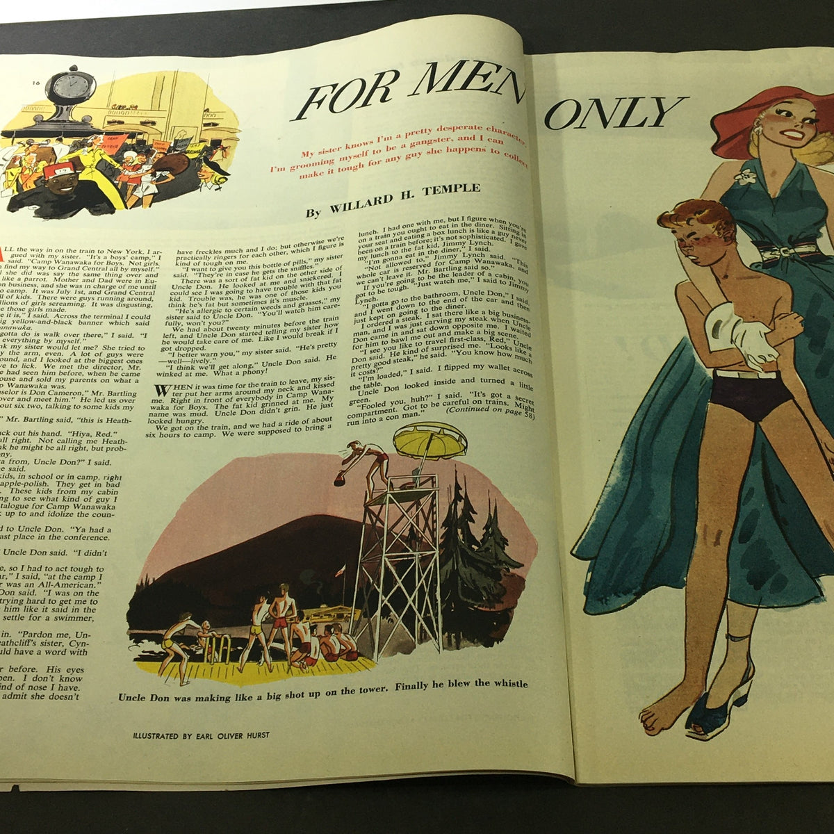 Page from VTG Collier's Magazine July 19, 1952 containing an article titled 'For Men Only' by Willard H. Temple, with illustrations reflecting mid-century themes.