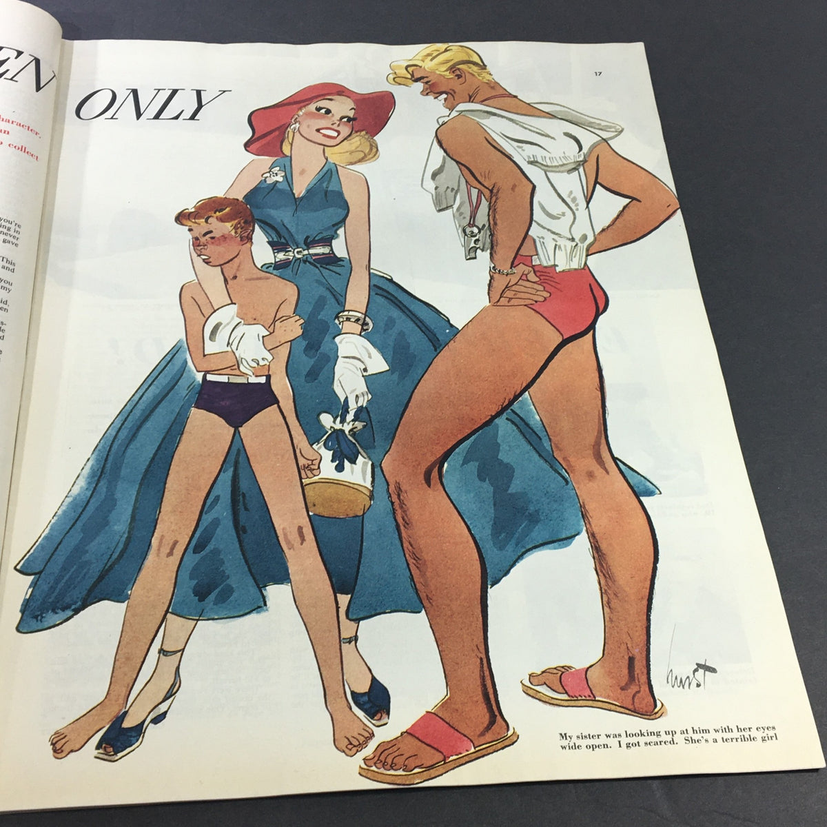 Illustration accompanying the 'For Men Only' article in VTG Collier's Magazine July 19, 1952, depicting fashion and gender dynamics of the era.