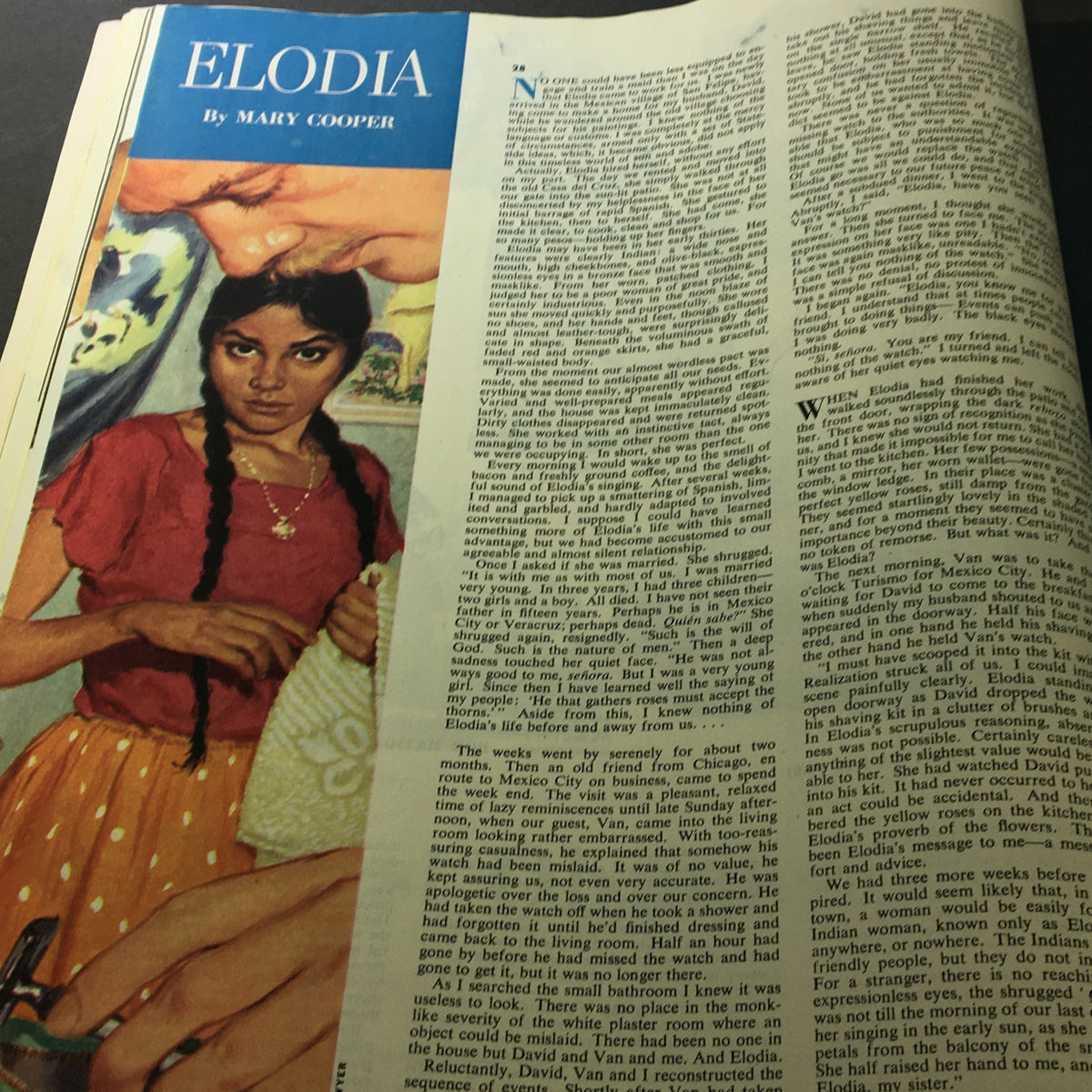 Interior illustration accompanying the story 'Elodia' in VTG Collier's Magazine July 19, 1952, illustrating a young girl and elements of daily life.