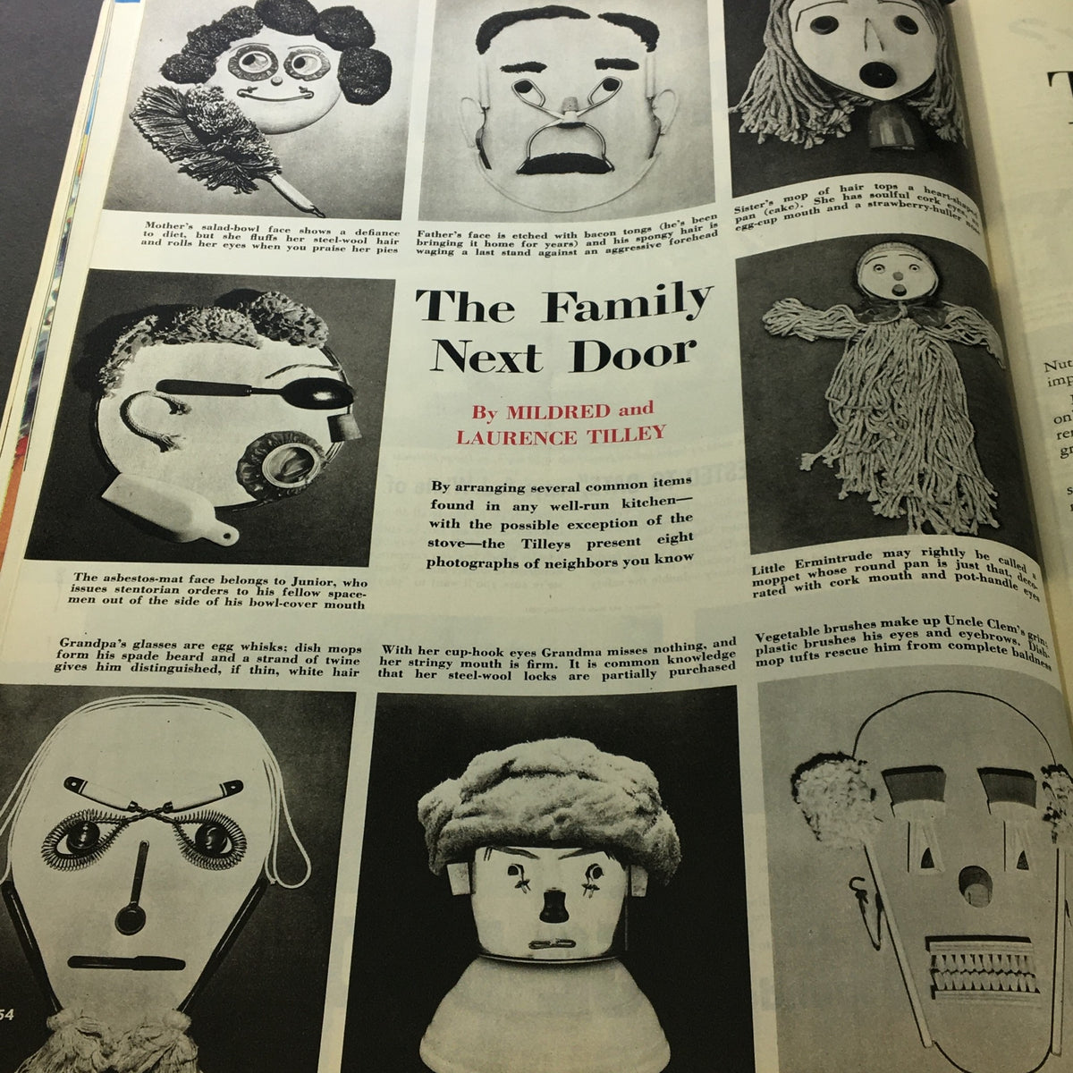 Photos and artwork related to 'The Family Next Door' article in VTG Collier's Magazine July 19, 1952, displaying creative representations of common household items.