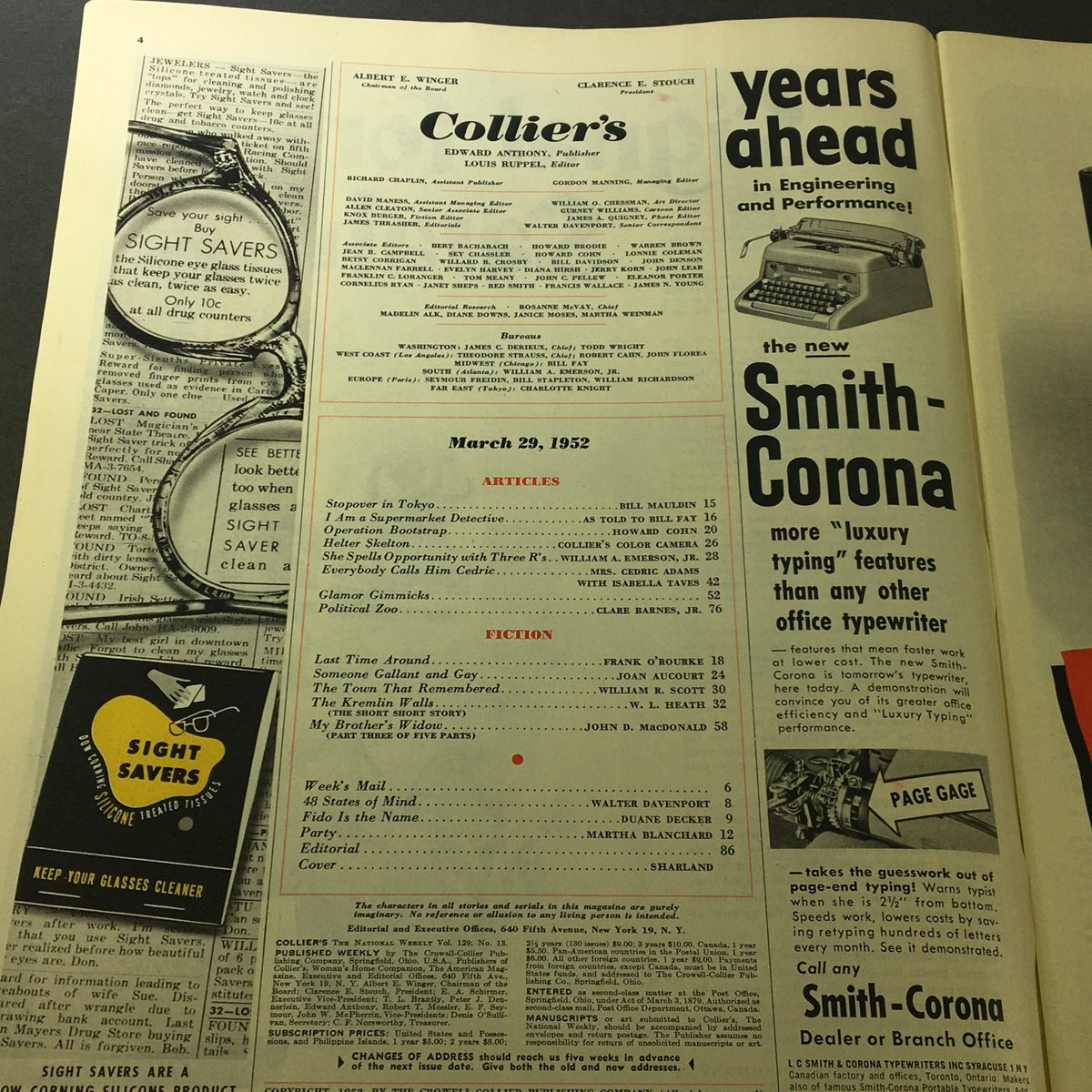 Interior page of VTG Collier's Magazine March 29, 1952 showcasing an index of articles and advertisements from the magazine's era.